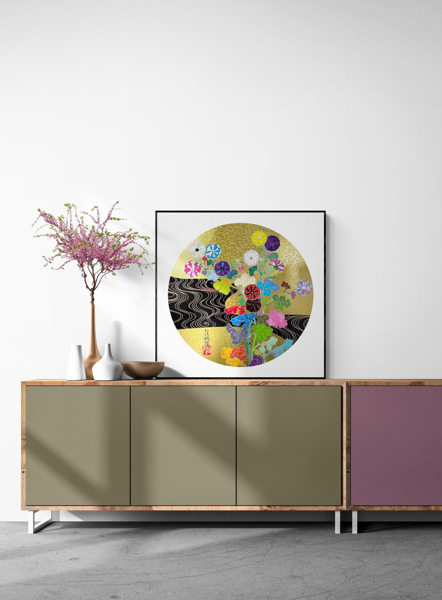 Takashi Murakami - KÕRIN: THE GOLDEN RIVER
Date of creation: 2022
Medium: Offset lithograph with cold stamp and high gloss varnish on paper
Edition: 300
Size: 71 cm Ø
Condition: In mint conditions, stored 
sent flat and never