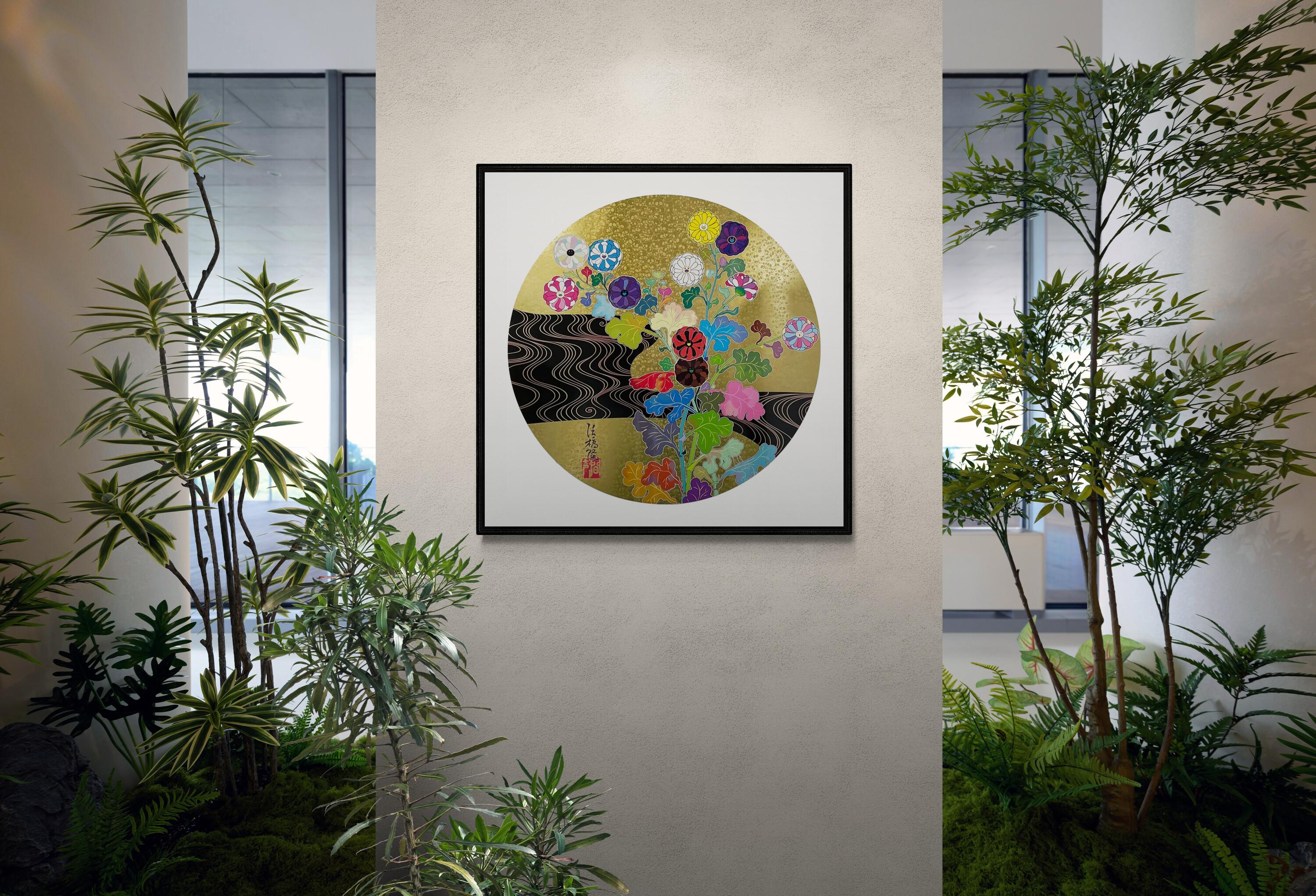 TAKASHI MURAKAMI - KÕRIN THE GOLDEN RIVER Pop Art, Japanese Flowers Silver Black For Sale 1