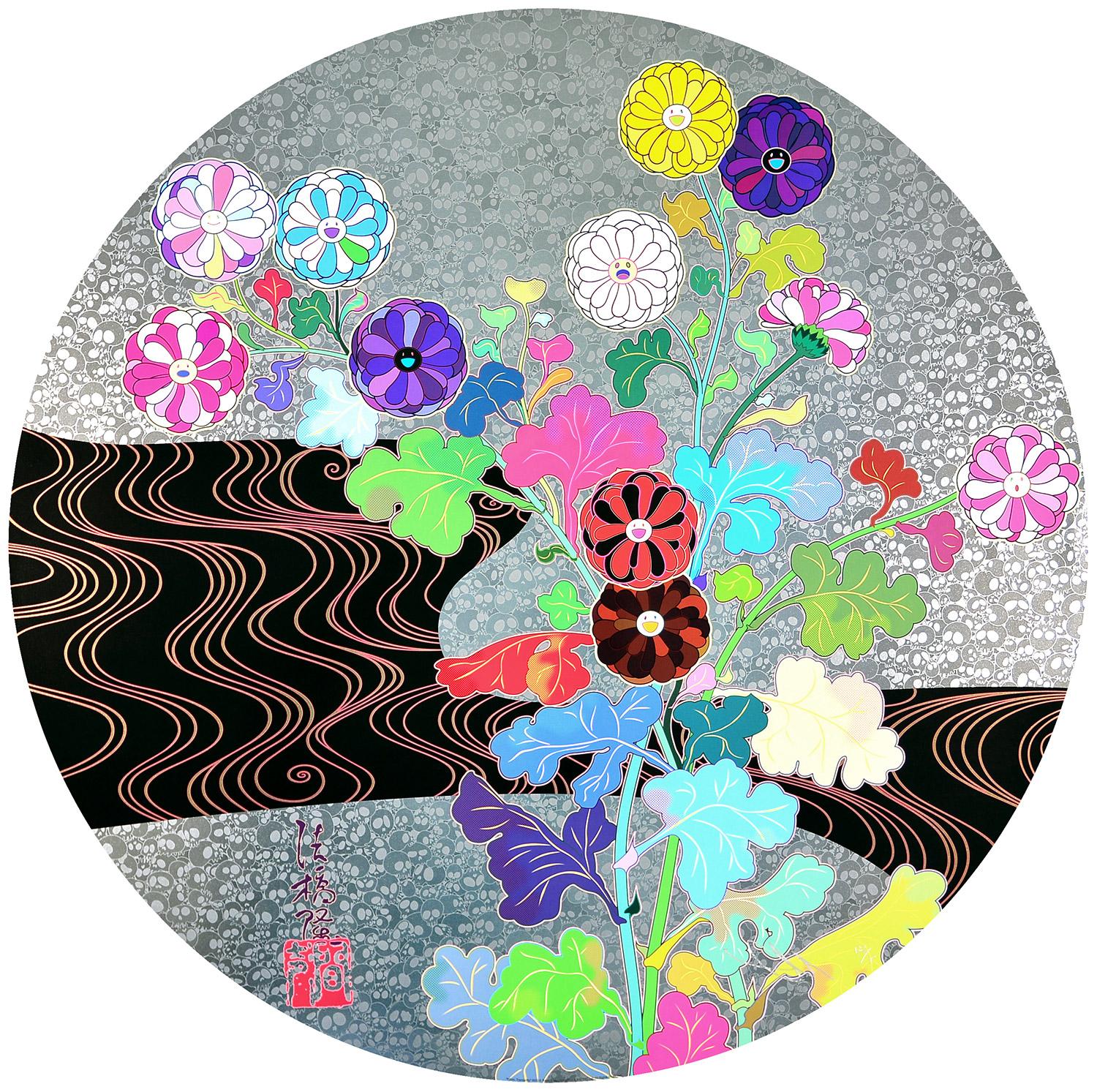 KORIN: TRANQUILITY Limited. Superflat, Pop Art, Japanese Flowers Silver Black