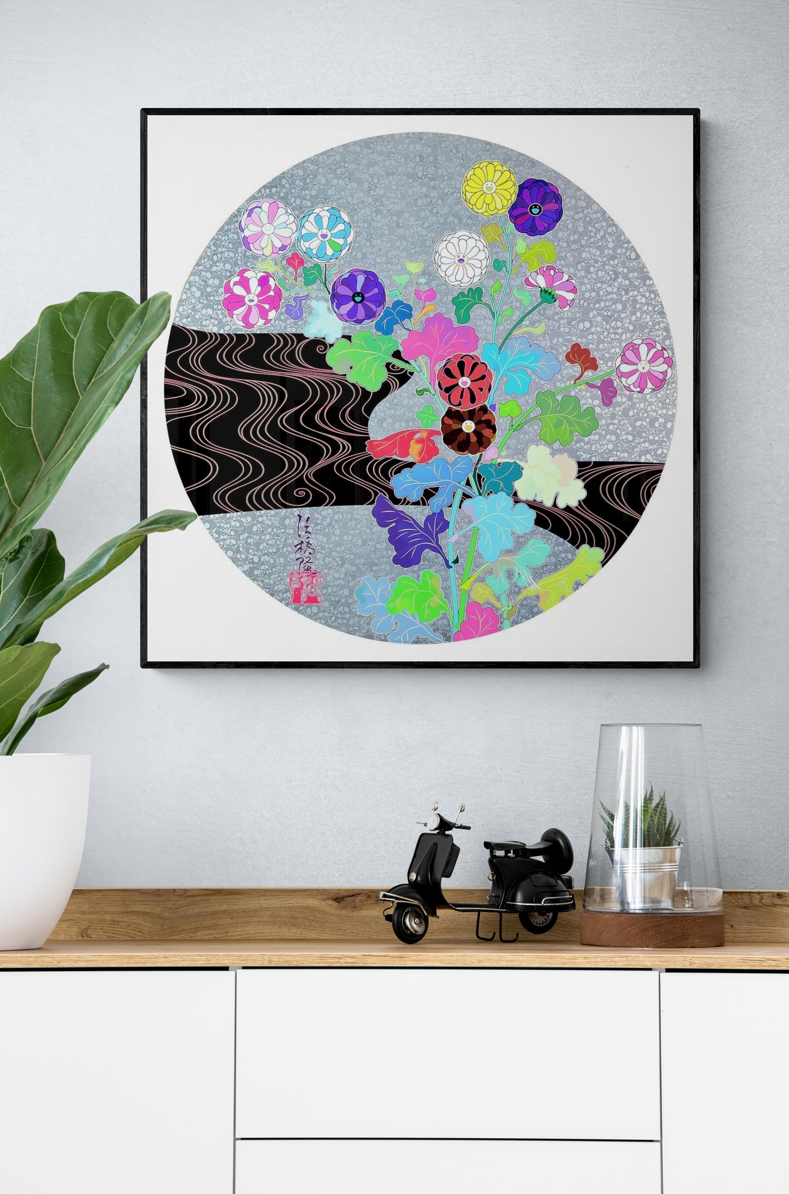 TAKASHI MURAKAMI - KORIN: TRANQUILITY Pop Art, Japanese Flowers Silver Black 1