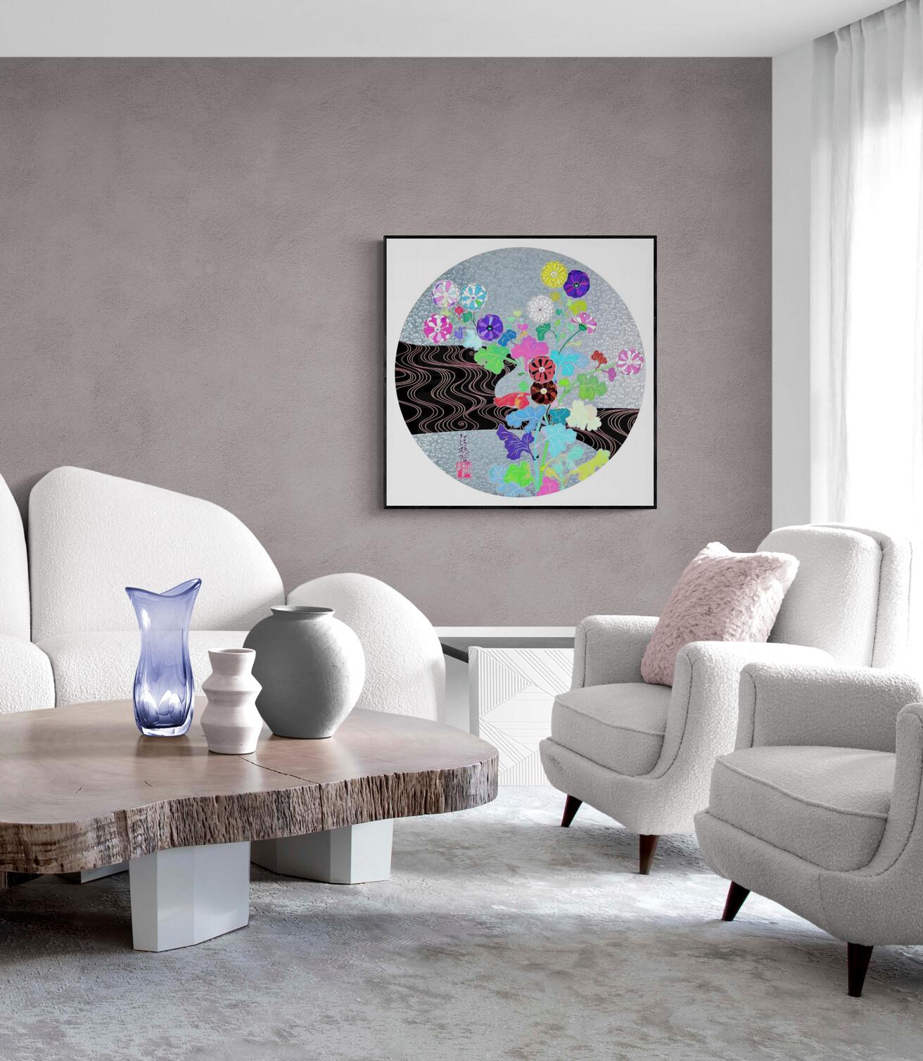 TAKASHI MURAKAMI - KORIN: TRANQUILITY Pop Art, Japanese Flowers Silver Black 2