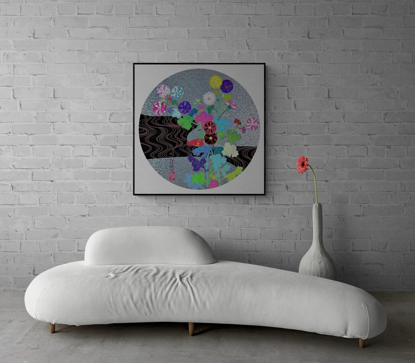 TAKASHI MURAKAMI - KORIN: TRANQUILIDAD Arte pop, flores japonesas Plata Negro 3