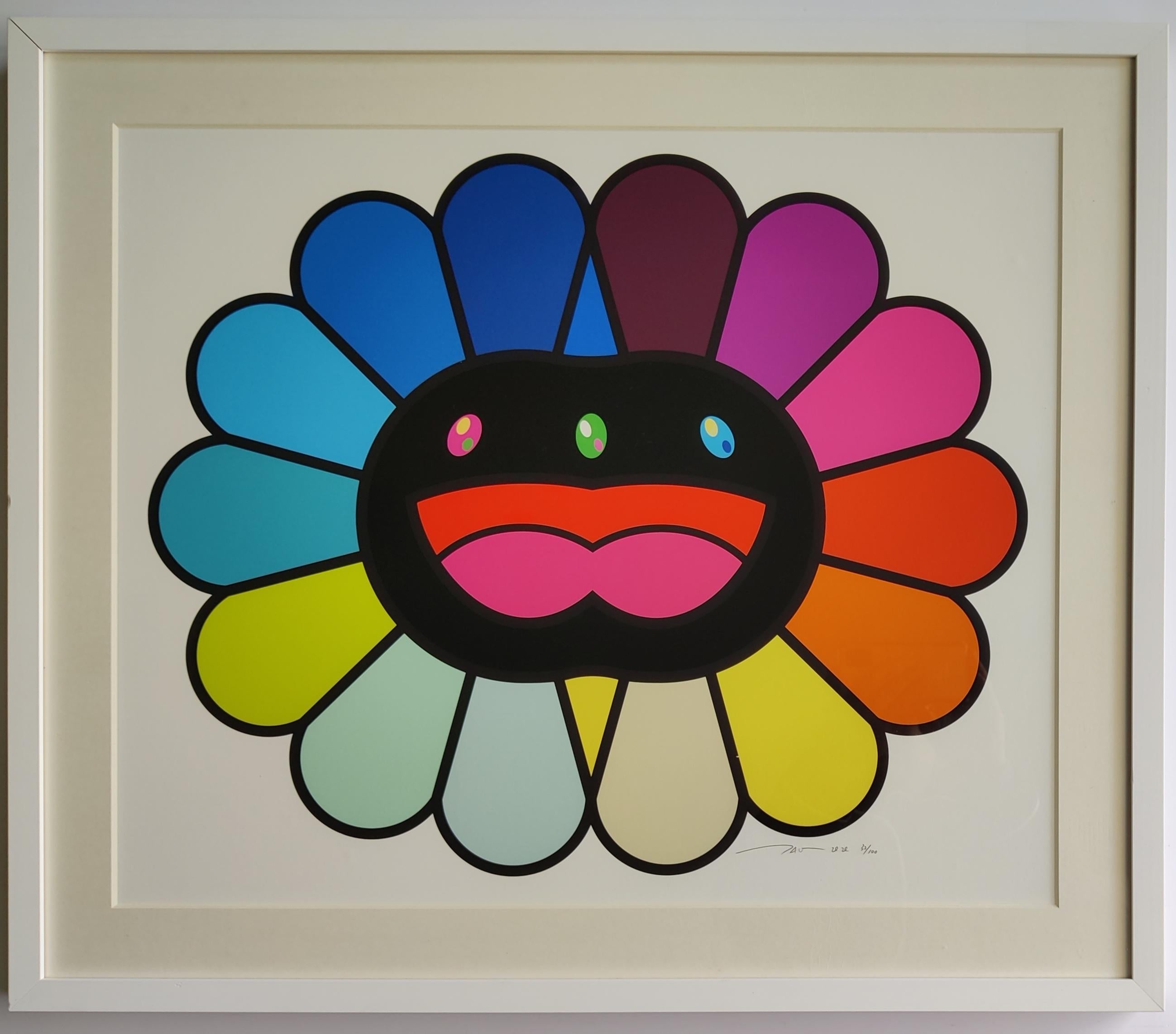 Takashi Murakami
Multicolor Double Face: Black, 2020
Silkscreen in colors on wove paper
Sheet size: 50 x 60 cm
Frame size: 61 x 71 x 4 cm
Ed. 32/100
Hand signed, numbered, and dated in pencil lower right