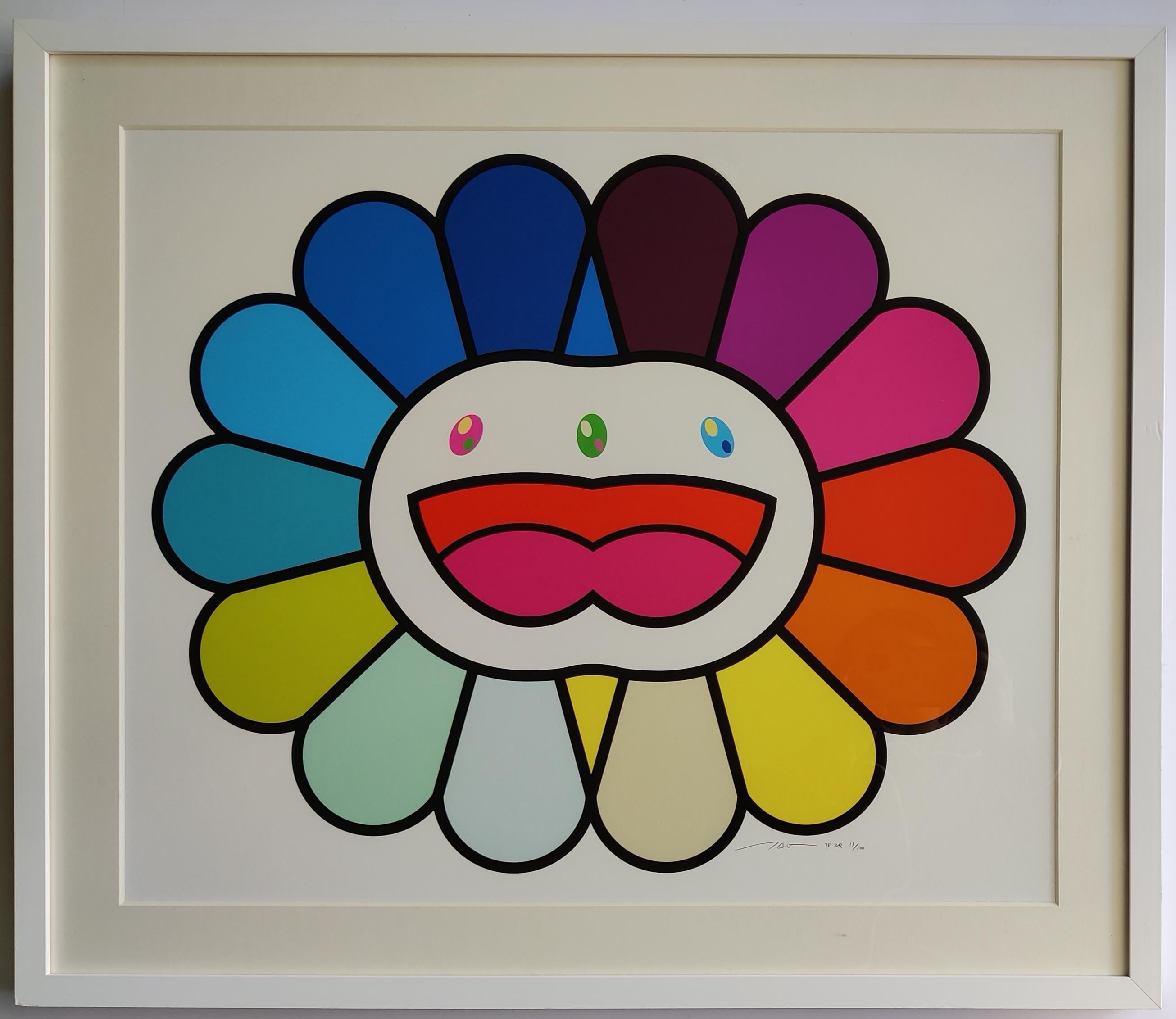 Takashi Murakami
Multicolor Double Face: White, 2020
Silkscreen in colors on wove paper
Sheet size: 50 x 60 cm
Frame size: 61 x 71 x 4 cm
Ed. 32/100
Hand signed, numbered, and dated in pencil lower right
A small defect on the top of the flower,