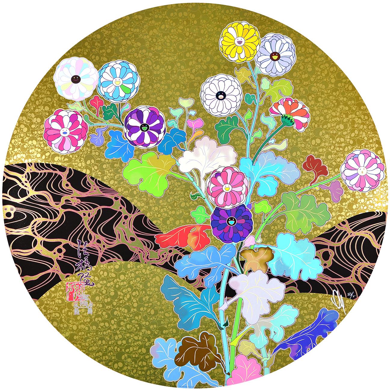 THE GOLDEN AGE: HOKKYO TAKASHI Hand signed Superflat Pop Art Gold Skulls Flowers