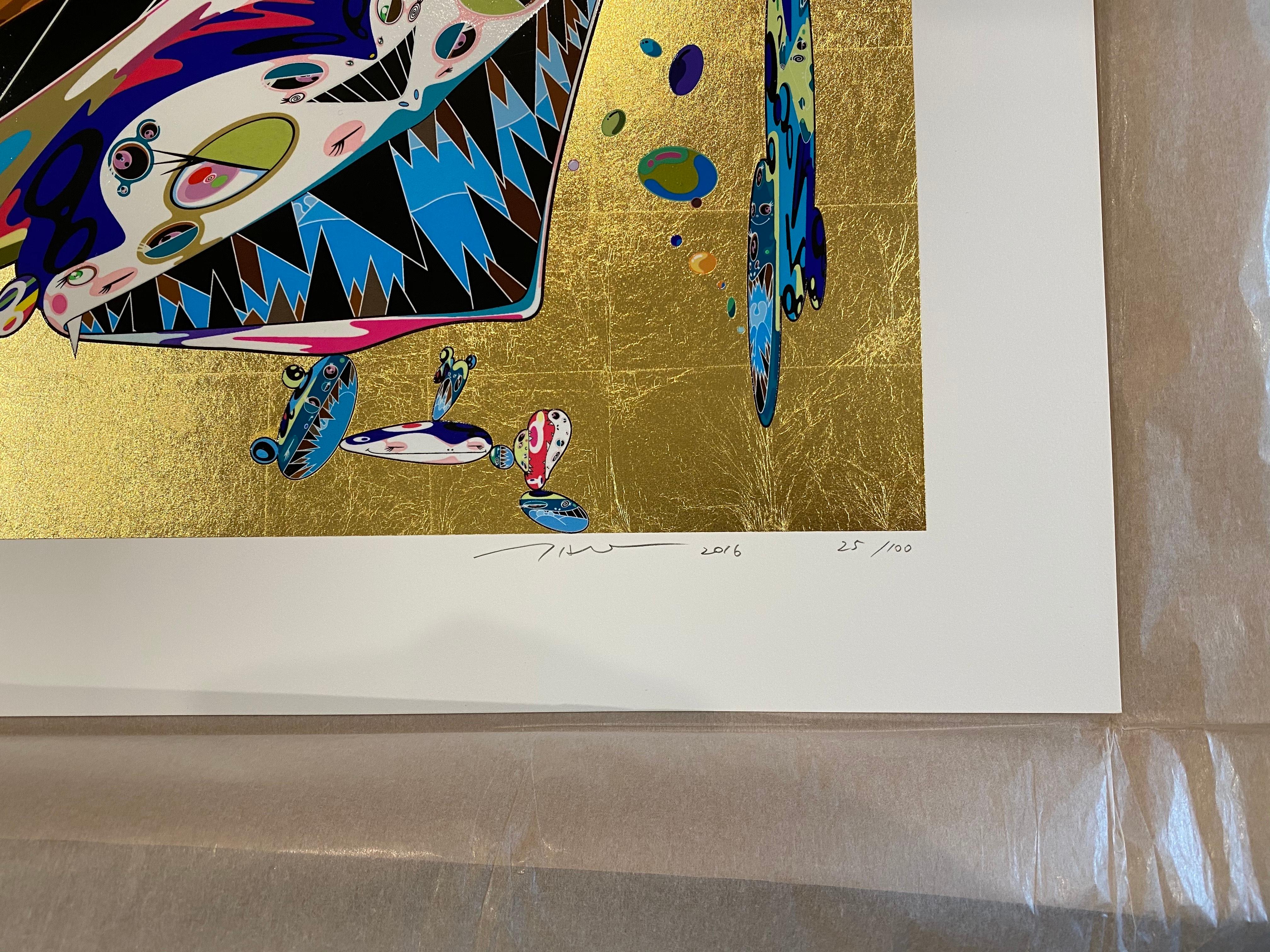 Artist: Takashi Murakami
Medium: Screenprint with gold leaf
Title: Tan Tan Bo
Year: 2016
Edition: 25/100
Sheet Size: 31 1/4 x 44 1/4 inches
Signed: Signed, numbered, and dated
Publisher: Kaikai Kiki Co., Ltd., Tokyo