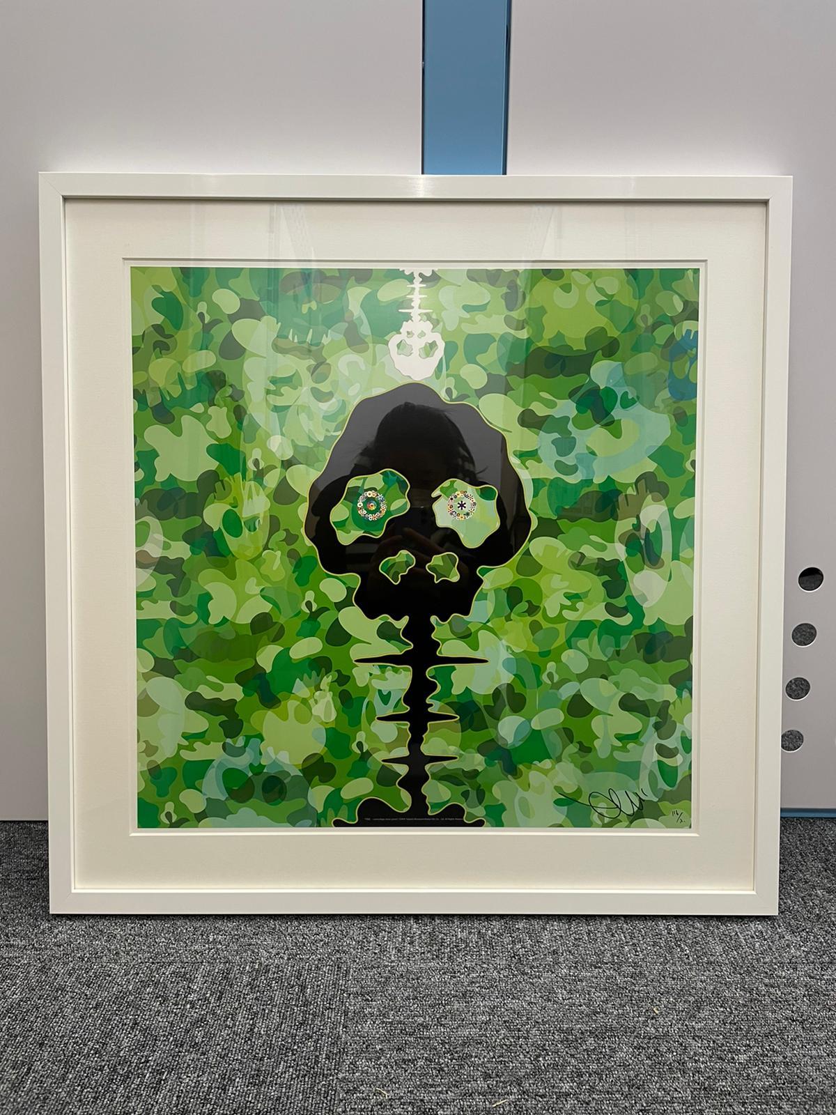 Time Bokan, camouflage moss green, 2009 by Takashi Murakami
Offset print, numbered and signed by the artist
in gold and silver ink
19 11/16 × 19 11/16 in
50 × 50 cm
Edition  116/300

Dokuro (literally starving skeleton) are legendary creatures in