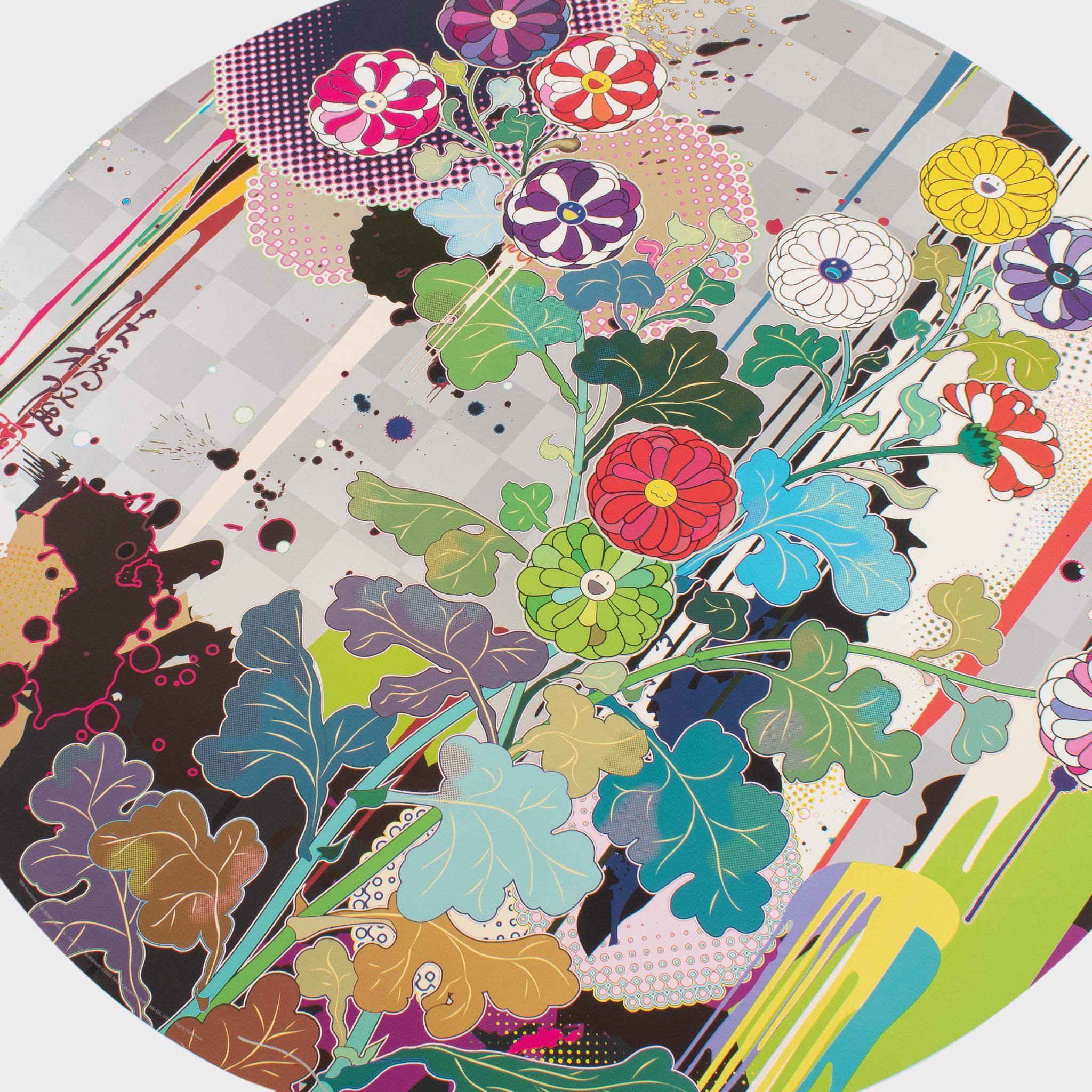 Con reverencia, me pongo ante ti - Kōrin  Crisantemo - Landscape Print Gris de Takashi Murakami