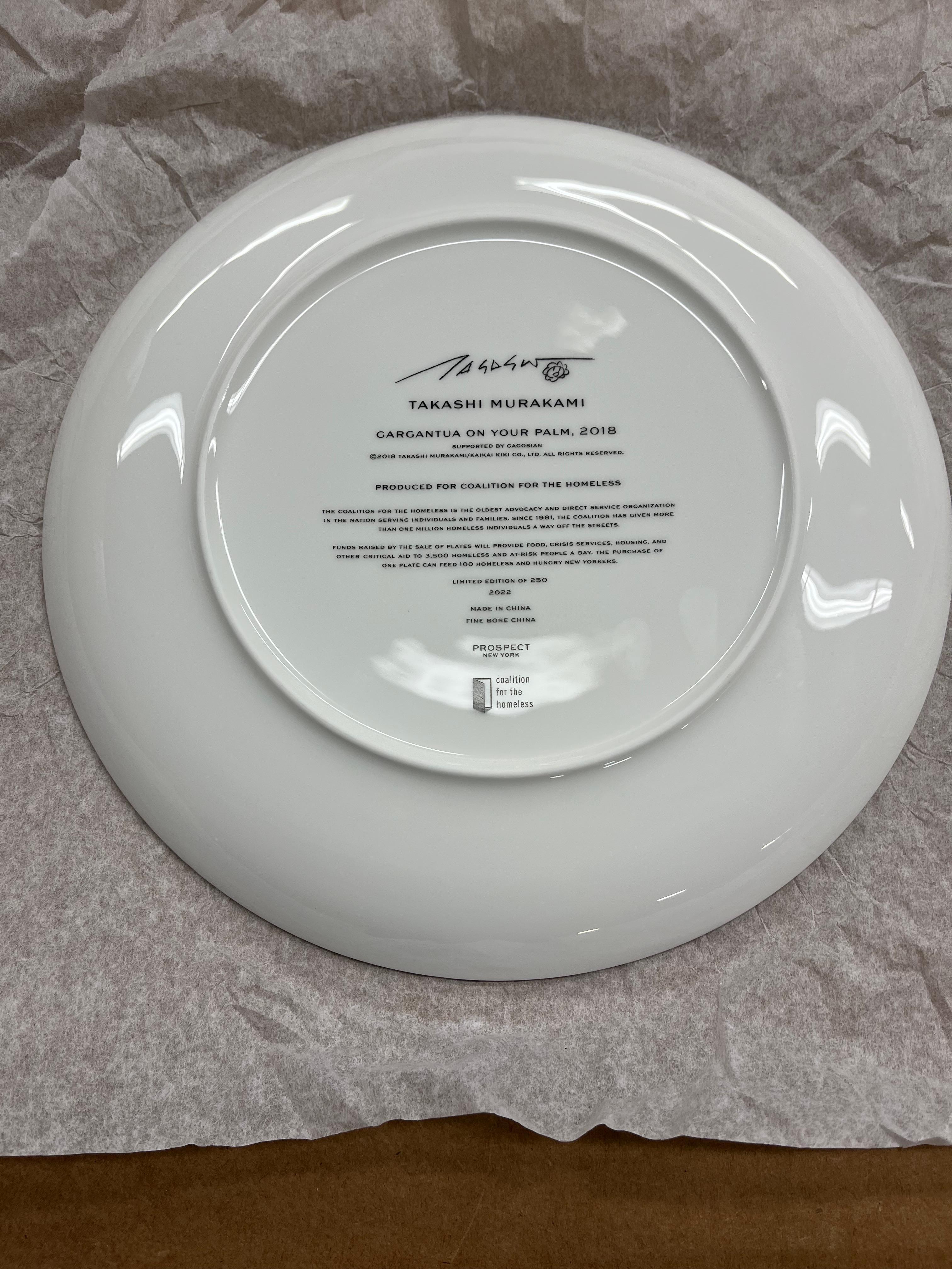 Artist:  Murakami, Takashi
Title:  Gargantua on Your Palm
Date:  2018
Medium:  Fine Bone China
Signature:  Stamped on the reverse
Produced by Coalition for the Homeless
Edition:  250
Collections:  Comes in original box with packaging