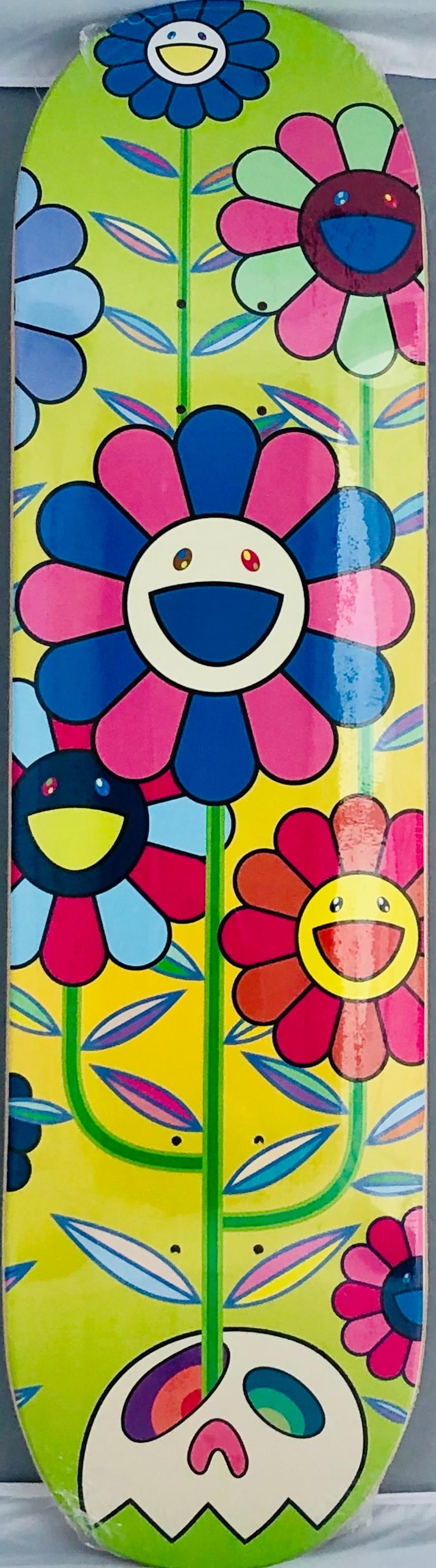 Takashi Murakami Flowers Skate Deck:
A vibrant piece of Takashi Murakami wall art produced as a completely sold out, limited series in 2019 in conjunction with Complexcon and Kaikai Kiki co. This deck is new in its original packaging. A brilliant