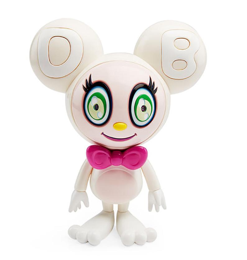 Takashi Murakami DOB-kun Figure 2019:
DOB-kun’s name,  defined in his rounded ears and face, is the first three letters of an improvised phrase that is a nonsensical combination of “dobojide dobojide (why, why?)” from the Japanese manga series