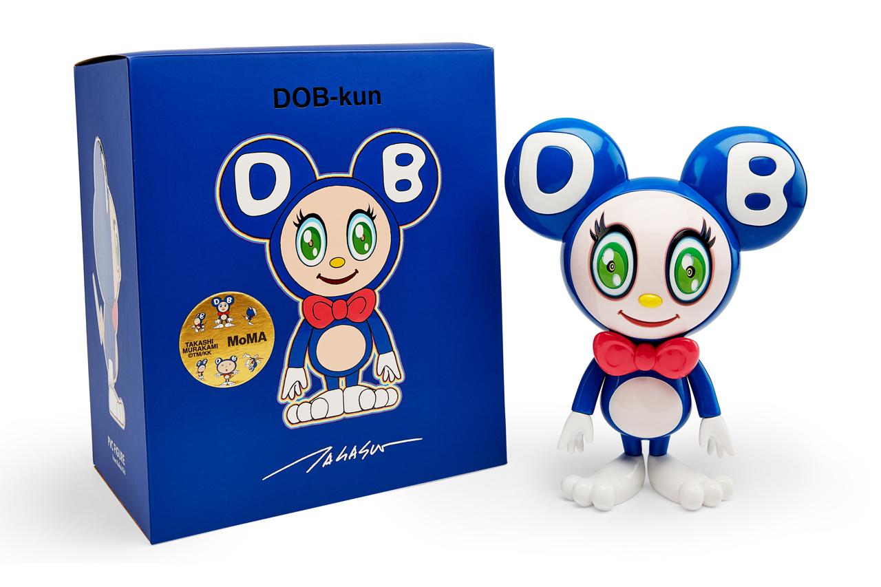 Takashi Murakami Dark Blue DOB-kun Figure 2019:
DOB-kun’s name, defined in his rounded ears and face, is the first three letters of an improvised phrase that is a nonsensical combination of “dobojide dobojide (why, why?)” from the Japanese manga