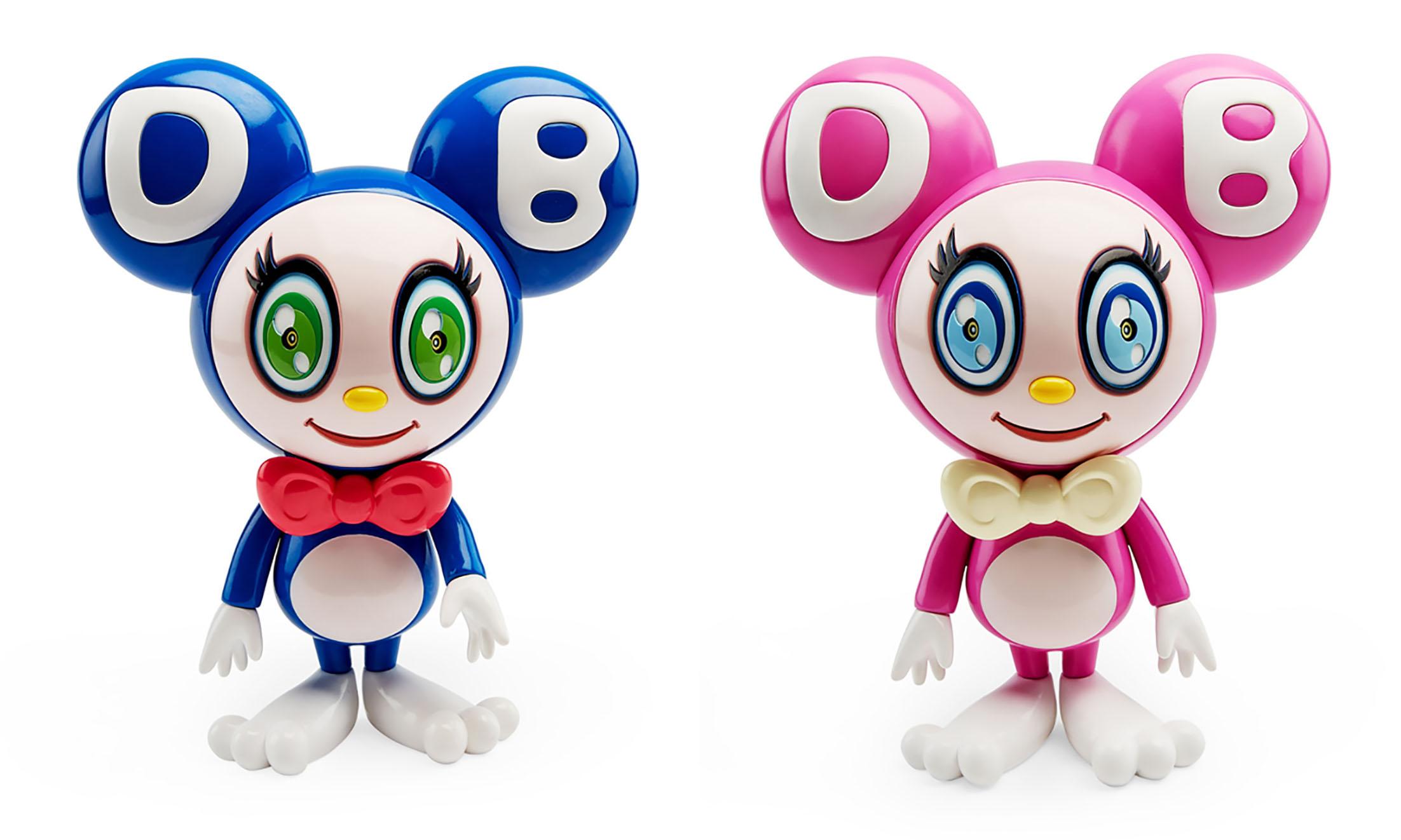 Takashi Murakami DOB-kun Figures 2019. Set of 2: Dark Blue & Fuscha: 
DOB-kun’s name, defined in his rounded ears and face, is the first three letters of an improvised phrase that is a nonsensical combination of “dobojide dobojide (why, why?)” from