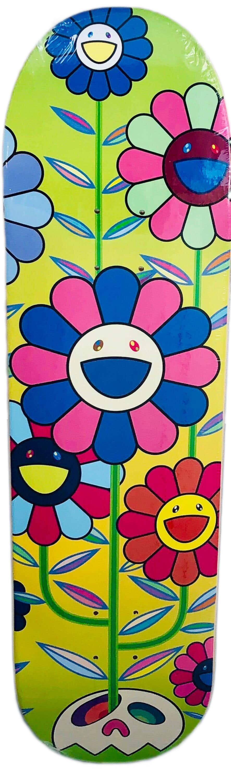 Takashi Murakami Flowers Skateboard Deck:
A vibrant piece of Takashi Murakami wall art produced as a completely sold out, limited series in 2019 in conjunction with Complexcon and Kaikai Kiki co. This deck is new in its original packaging. A
