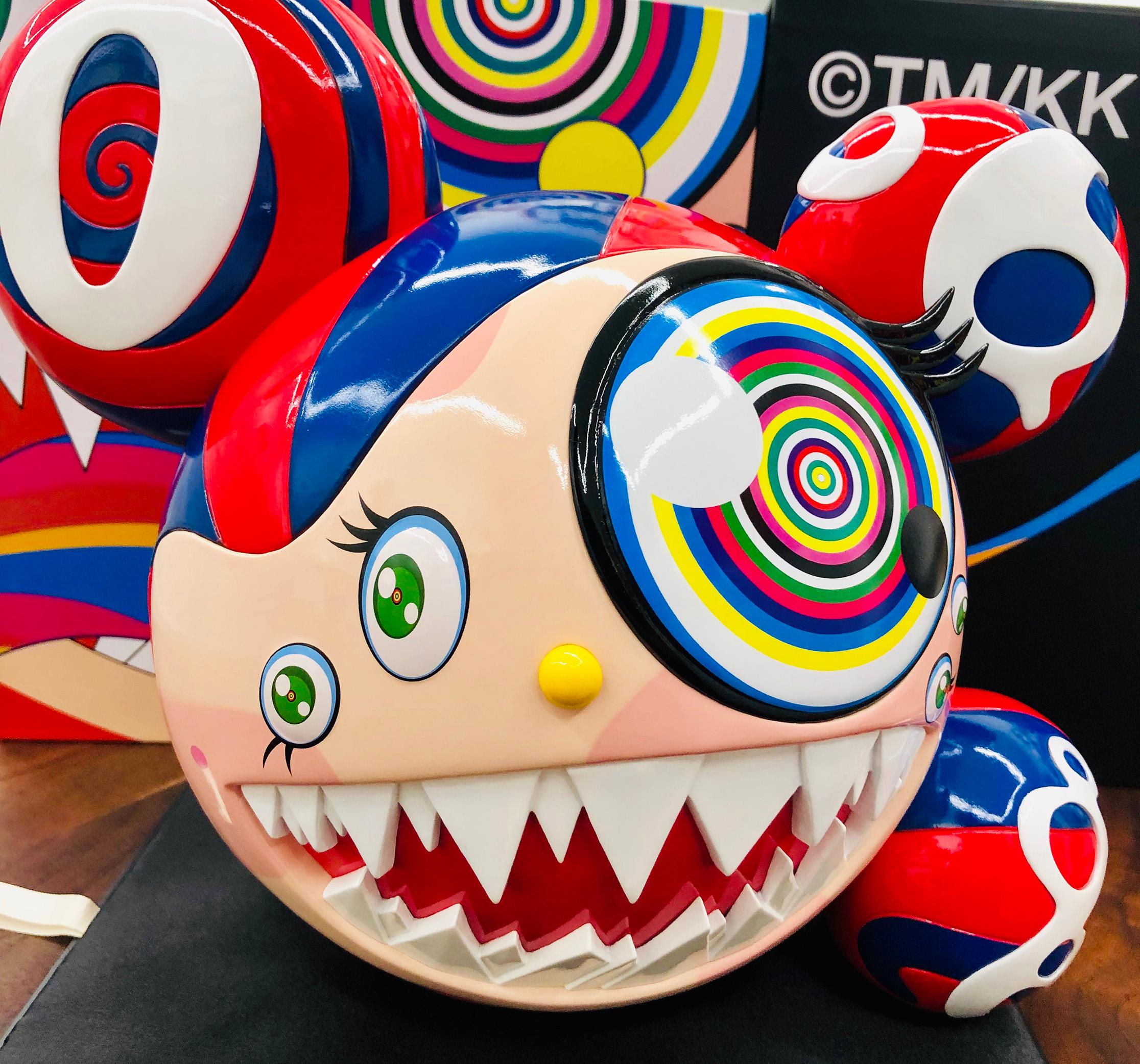 Takashi Murakami Mr. DOB, 2016:
Takashi Murakami limited edition 2016 Mr. DOB figure. 

Medium: Painted cast vinyl figurine. Colors: Red & Blue. 
Figurine: 9.25 x 10.75 x 8 in (23.5 x 27.43 x 20.32 cm). 
Edition of 750. 
All elements appear to be in