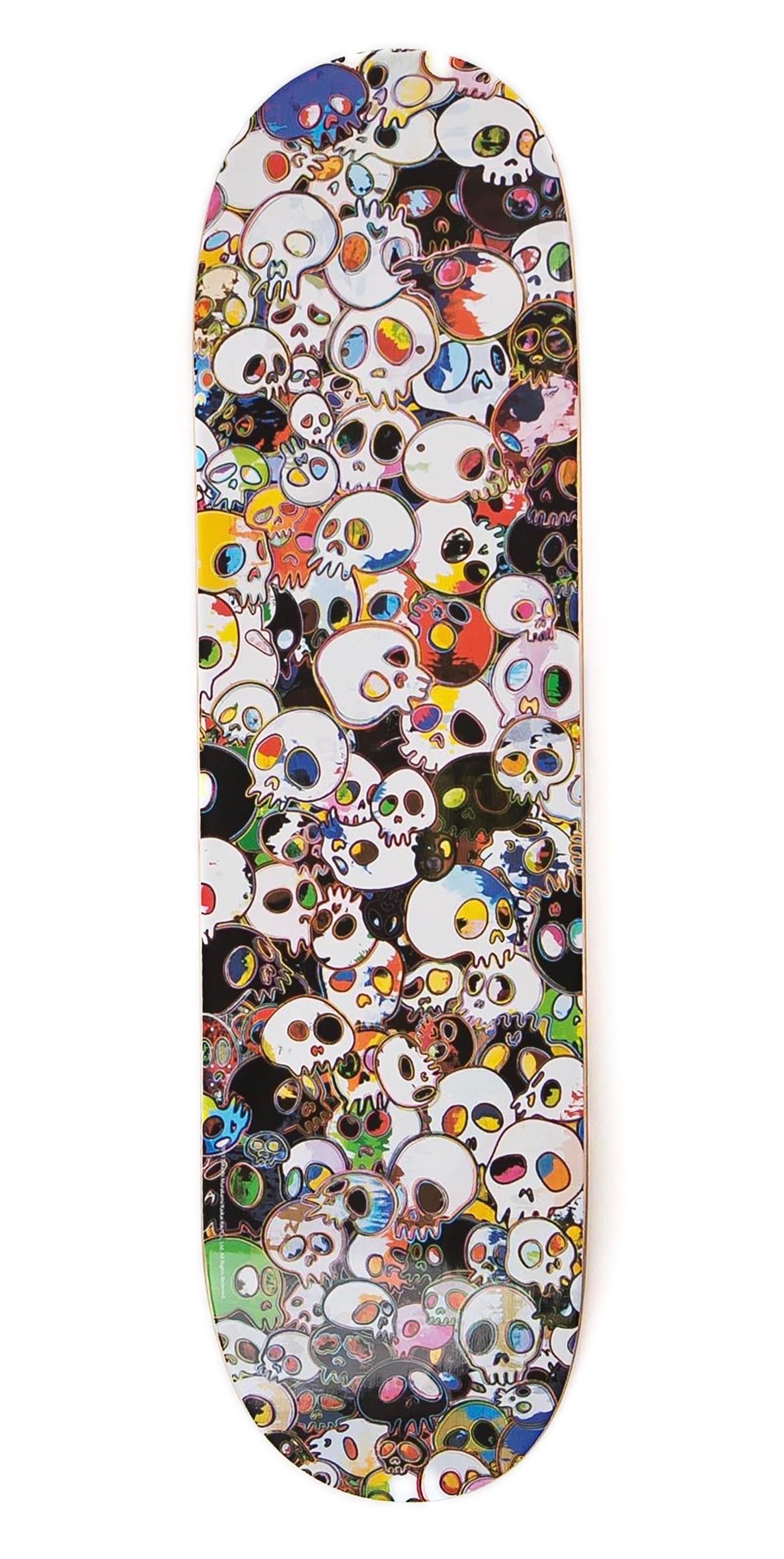 Takashi Murakami Skulls Skateboard Deck  2015:
A vibrant, unique piece of Takashi Murakami  skulls wall-art - this highly collectible limited edition Murakami skateboard was published in 2015 as part of a collaboration between Takashi Murakami &