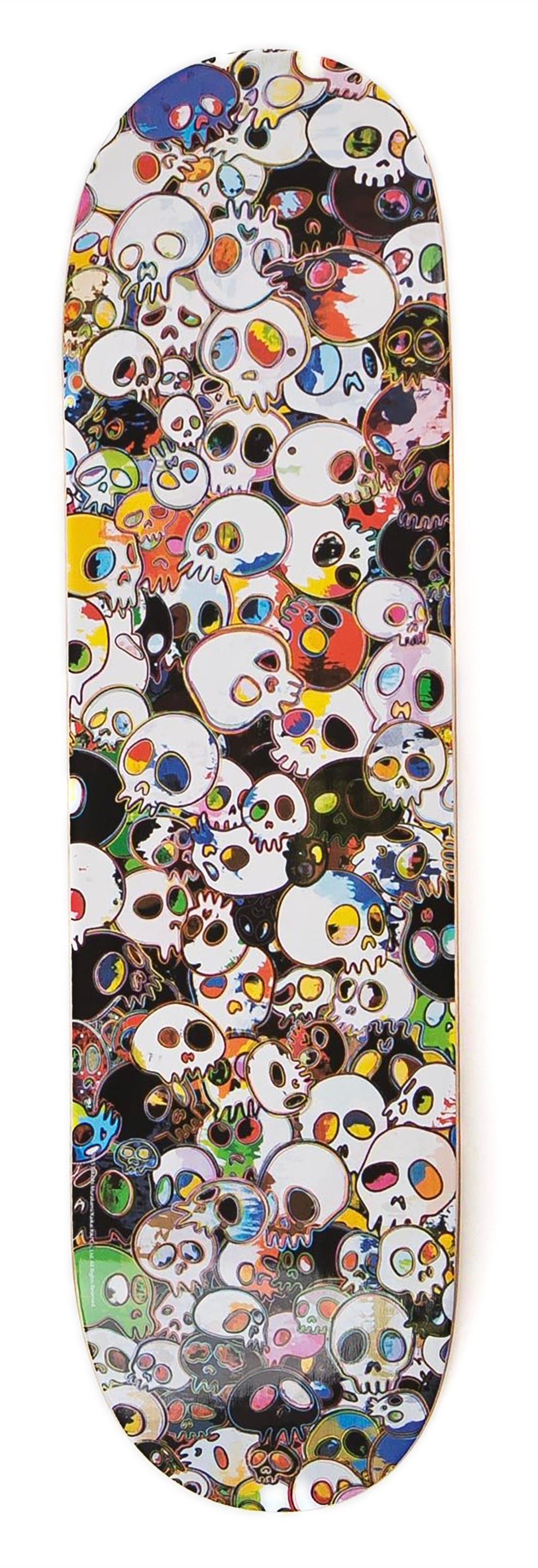 Takashi Murakami Totenköpfe Skateboard Deck  2015:
Ein lebendiges, einzigartiges Werk von Takashi Murakami  skulls wall-art - dieses limitierte Murakami-Skateboard mit hohem Sammlerwert wurde 2015 im Rahmen einer Collaboration zwischen Takashi