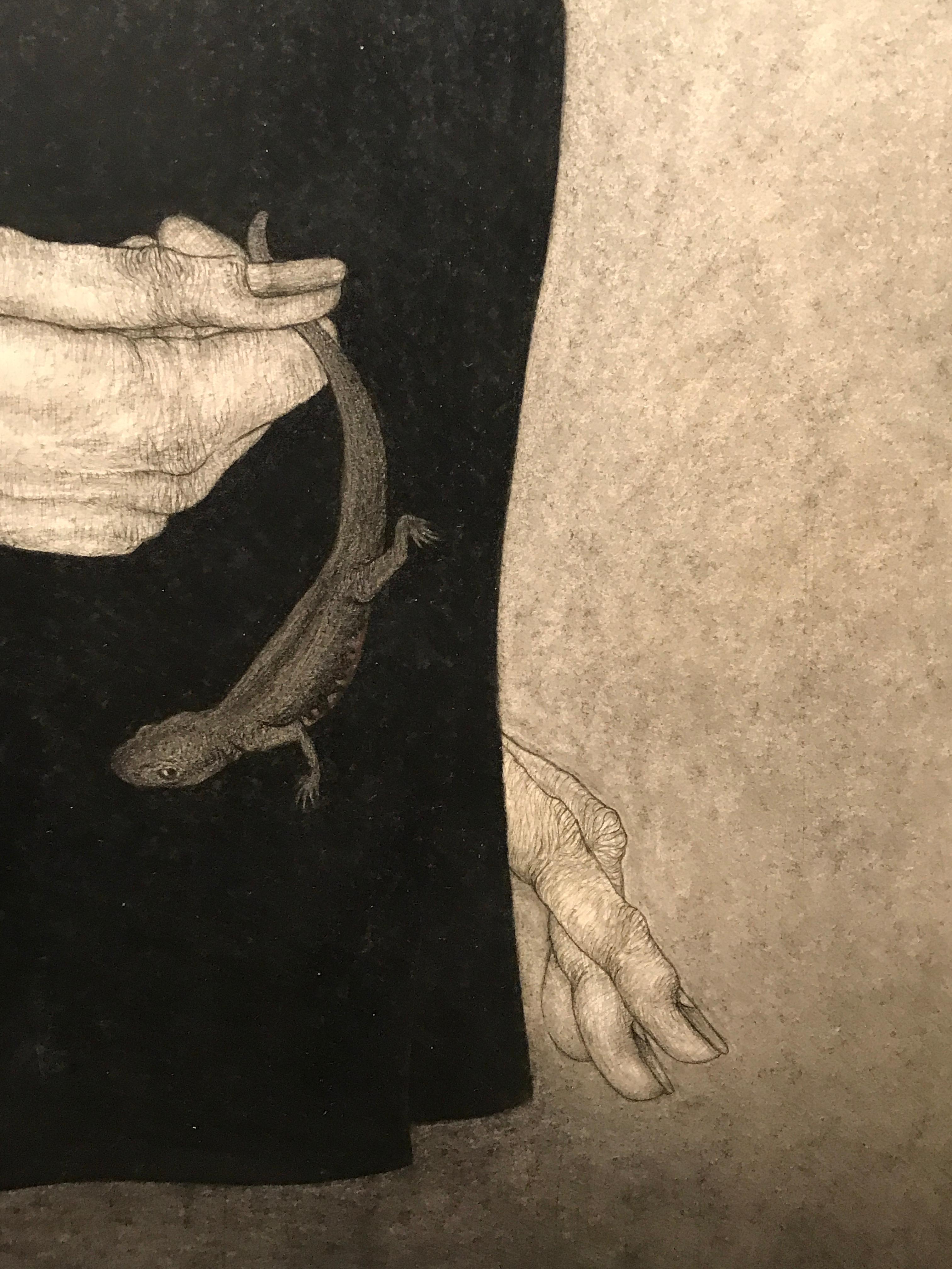 Takashi Saito Japanese born 1943. Japanese woman holding lizard.  Pencil and ink on rice paper mounted on cradled wood panel.  Signed in Japanese.
Takashi Saito
was born in Tokyo in 1943. Began self-taught painting and became a painter, fascinated