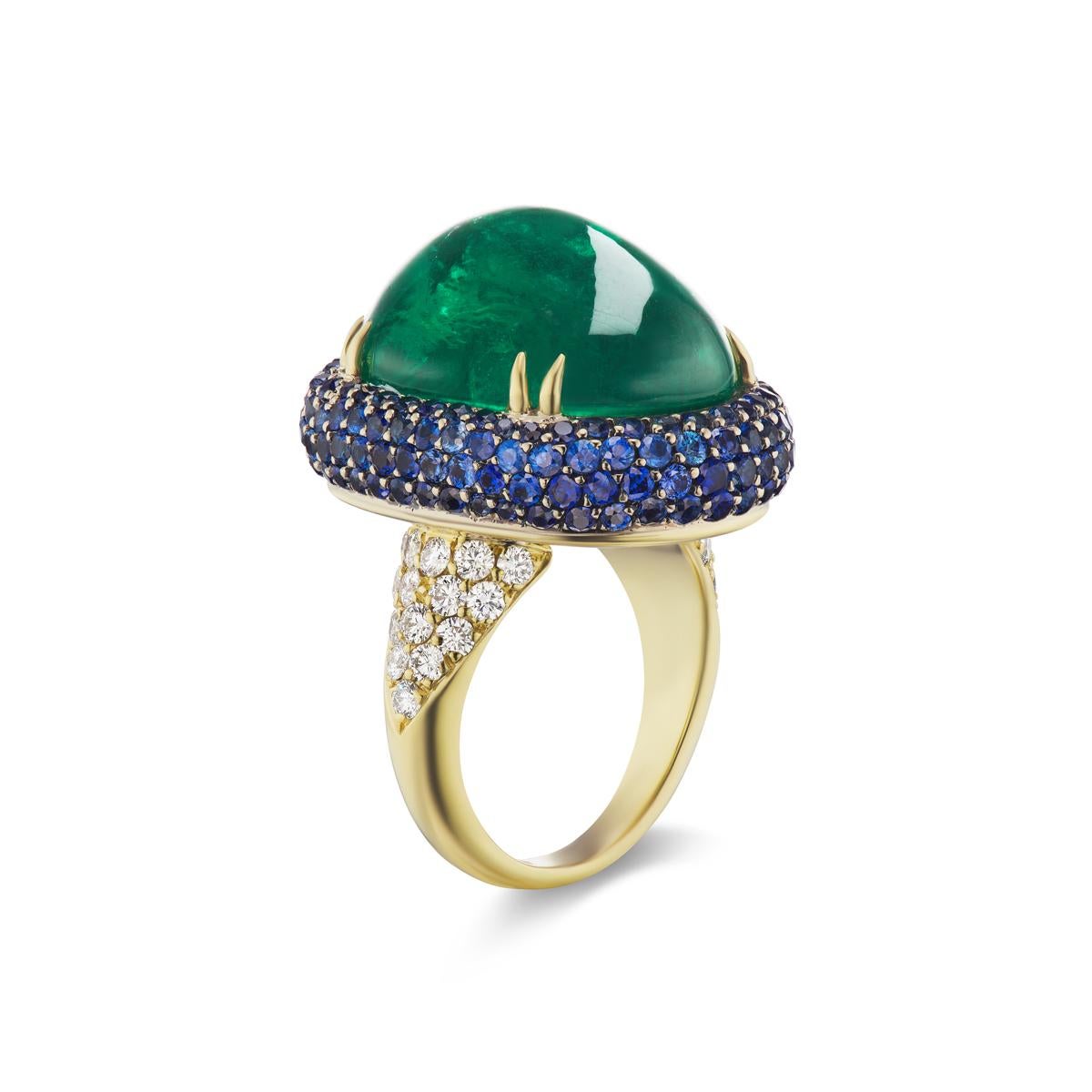 Modern Takat 27.06 Cts Emerald, Sapphire And Diamond Ring In 18K Yellow Gold