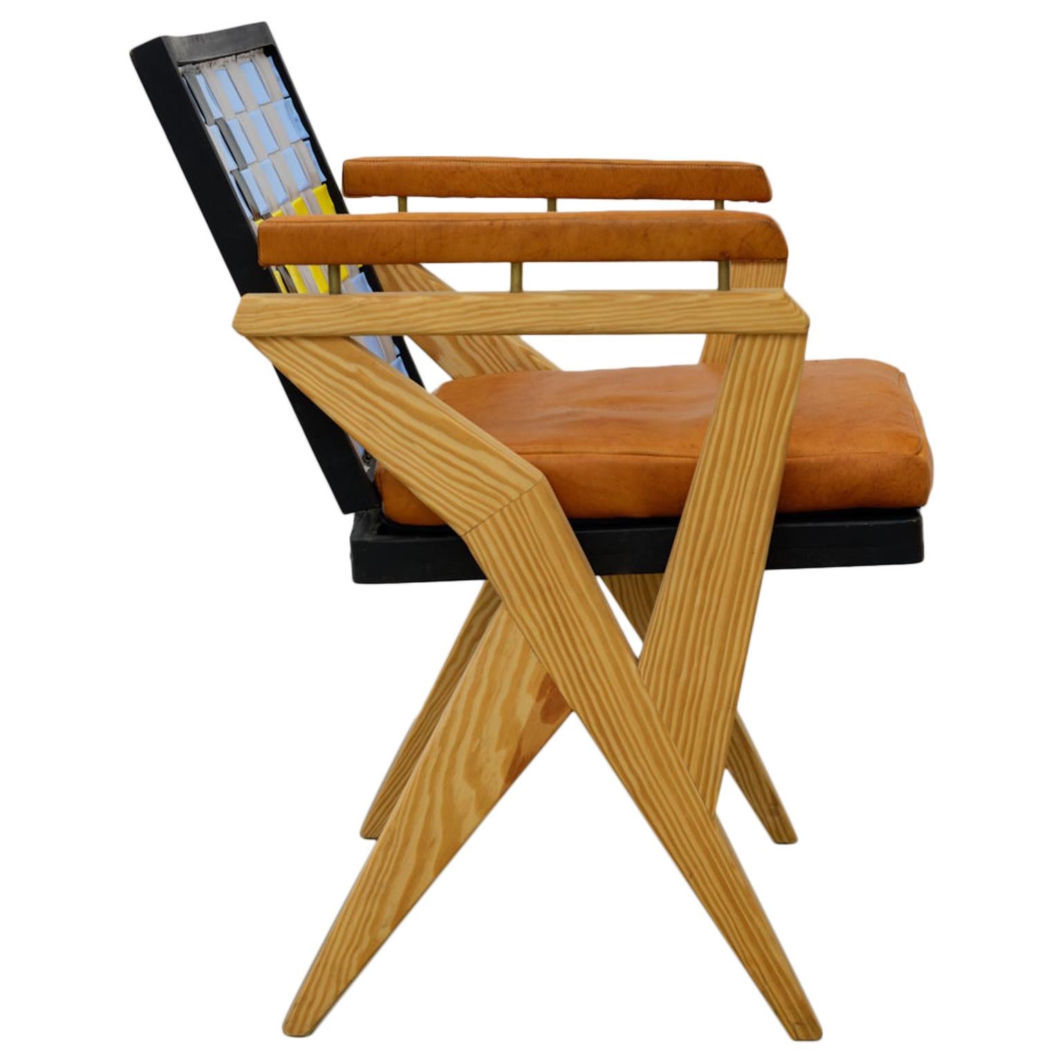 Take a Bow, Wood Armchair with Plastic Striped Back and Leather Pads For Sale