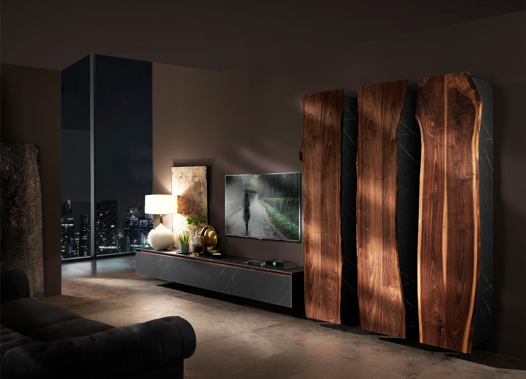 Take Me Home Set by Francesco Profili
Dimensions: W 100 x D 45 x H 38 cm (Chest of Drawers) / W 50 x D 50 x H 230 cm (Doors)
Materials: Walnut, Stone Effect

A versatile system for the living area, based on the possibility of personalising and