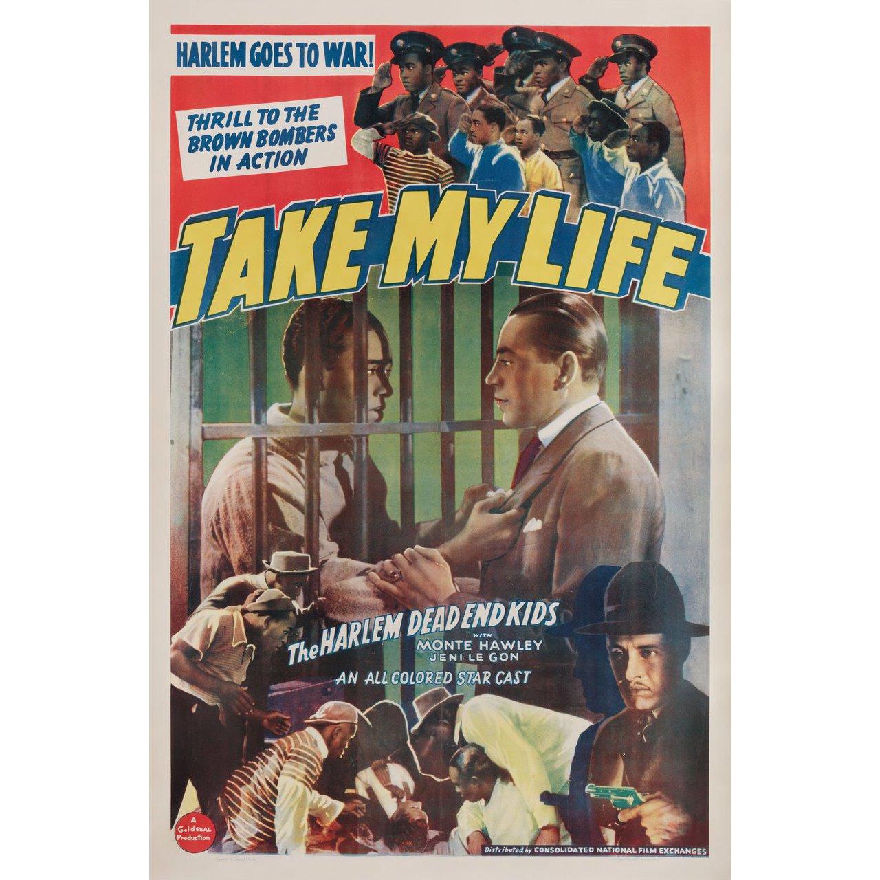 Original 1941 U.S. one sheet poster for the film Take My Life (Murder Rap) directed by Harry M. Popkin with Monte Hawley / Jeni Le Gon / The Harlem Tuff-Kids. Very Good-Fine condition, linen-backed. This poster has been professionally linen-backed.