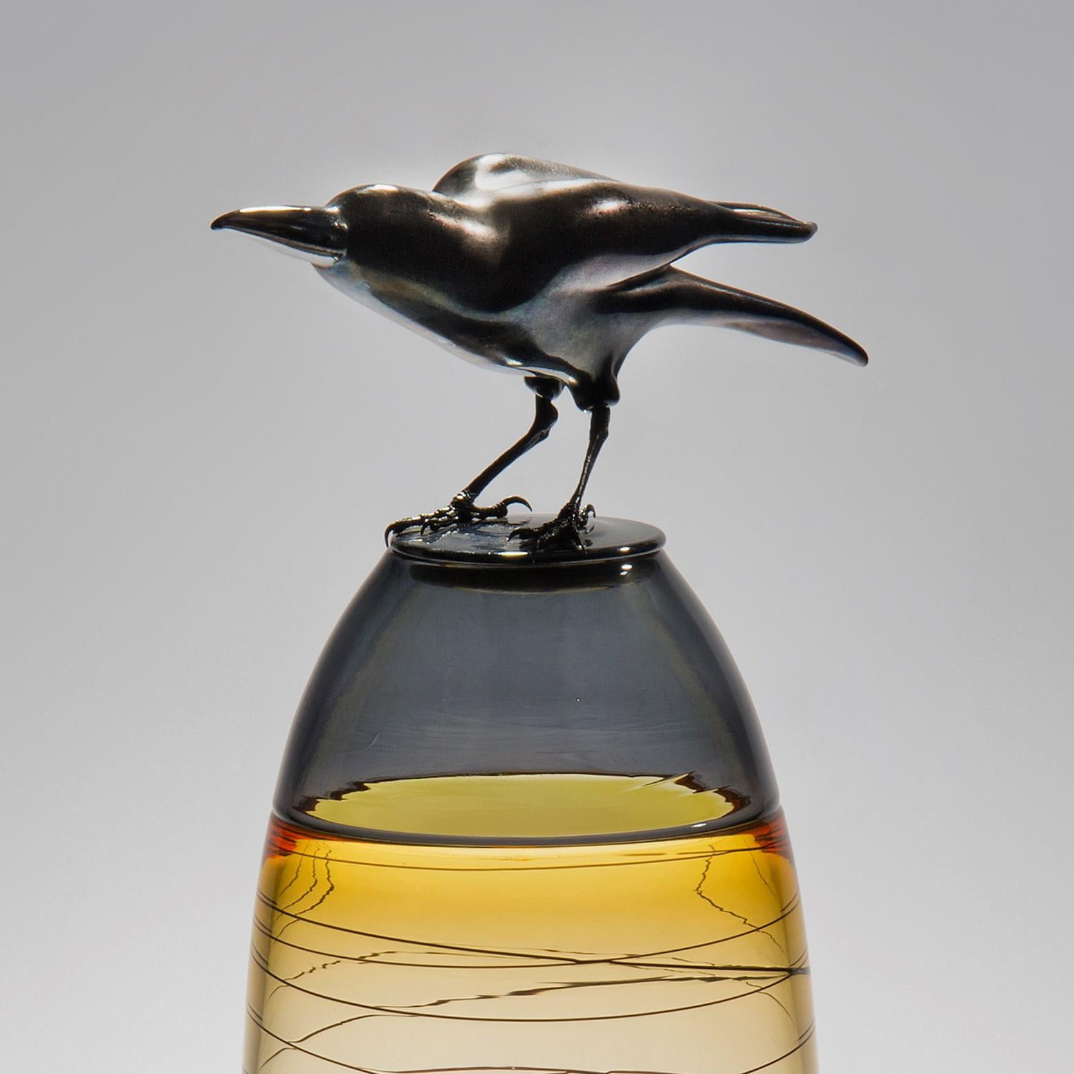 Organic Modern Take off, a Unique Glass Sculptural Vase with Black Crow by Julie Johnson