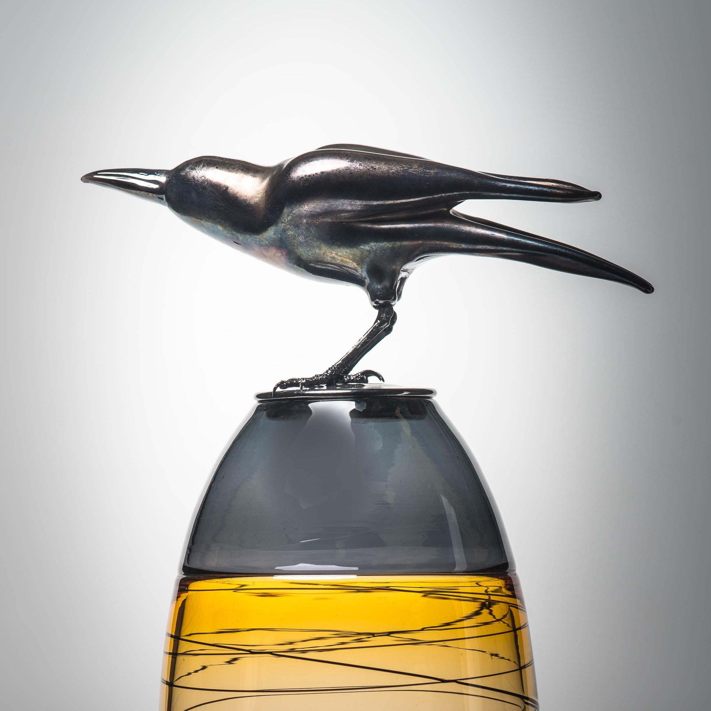 French Take off, a Unique Glass Sculptural Vase with Black Crow by Julie Johnson