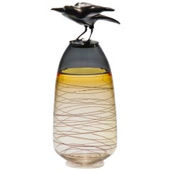 Take off, a Unique Glass Sculptural Vase with Black Crow by Julie Johnson