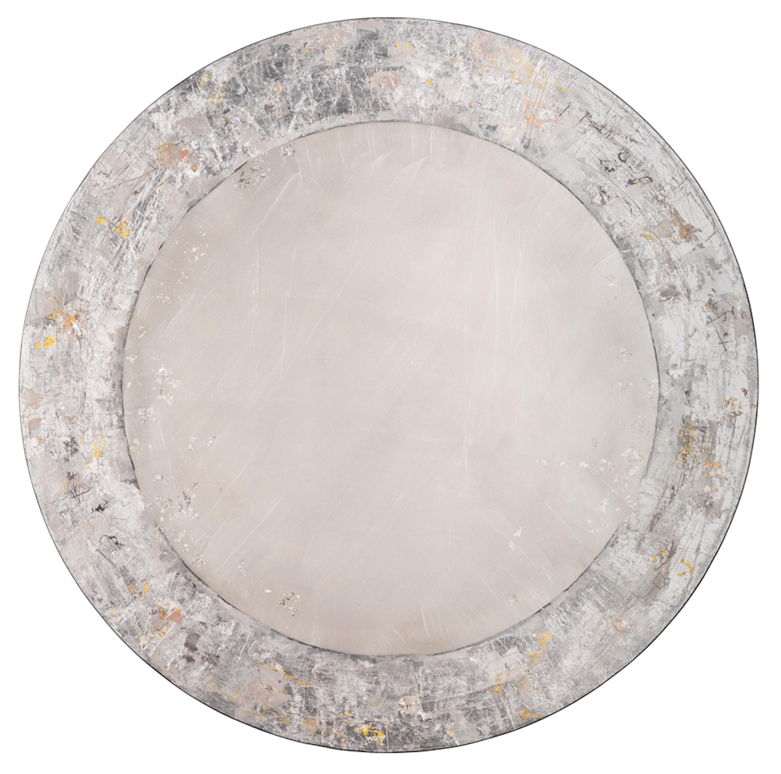 "Circle No. 170" - Œuvre d'art mixte ronde neutre avec texture et feuille de métal