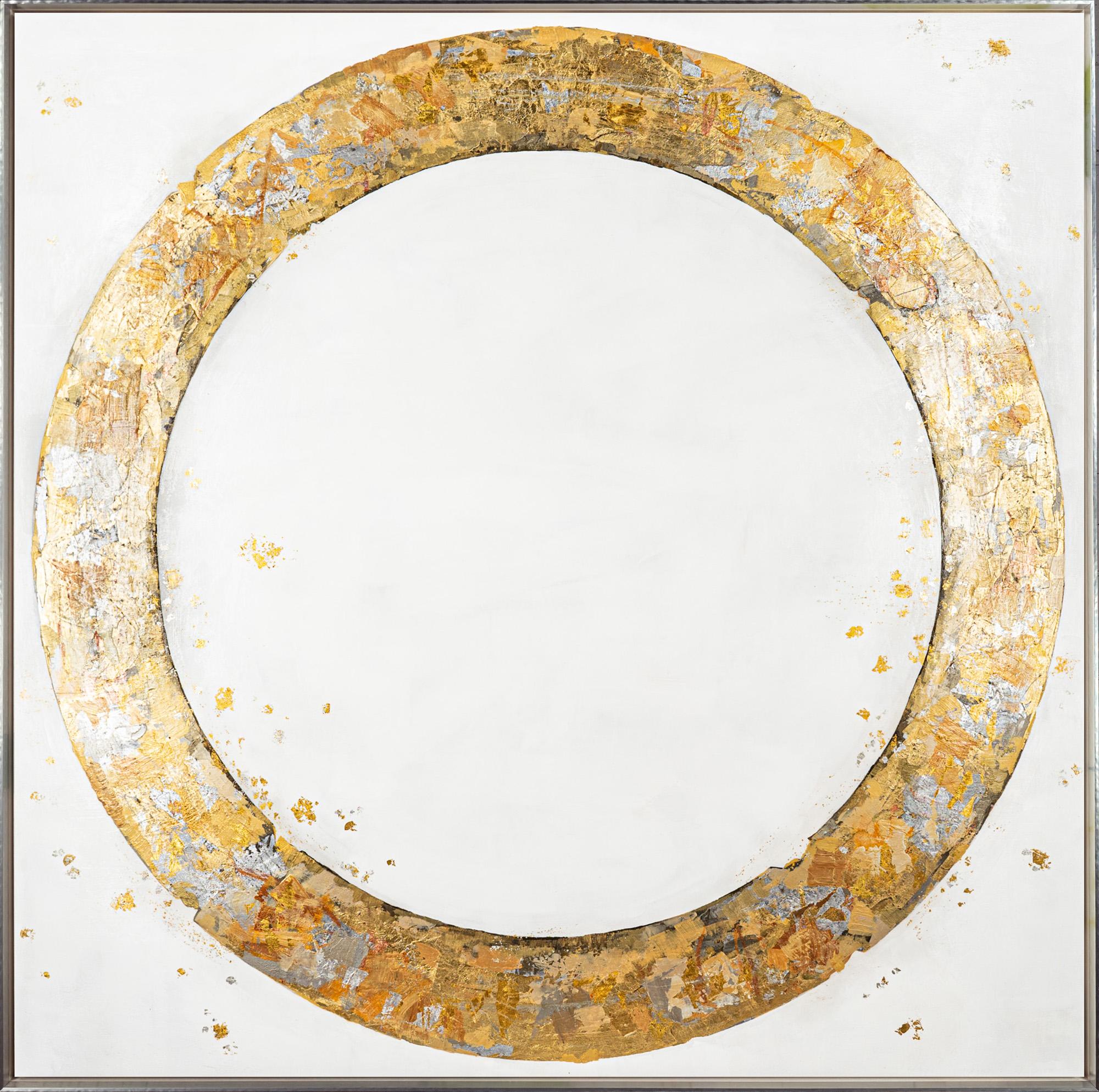 "Circle No. 189" Dimensional Gold Leaf Circle on Neutral Backdrop - Mixed Media Art by Takefumi Hori