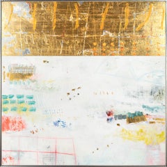 "Gold and Color No. 135" Technique mixte abstraite contemporaine sur toile avec cadre