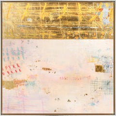 "Gold and Color No. 136" Technique mixte abstraite contemporaine sur toile avec cadre