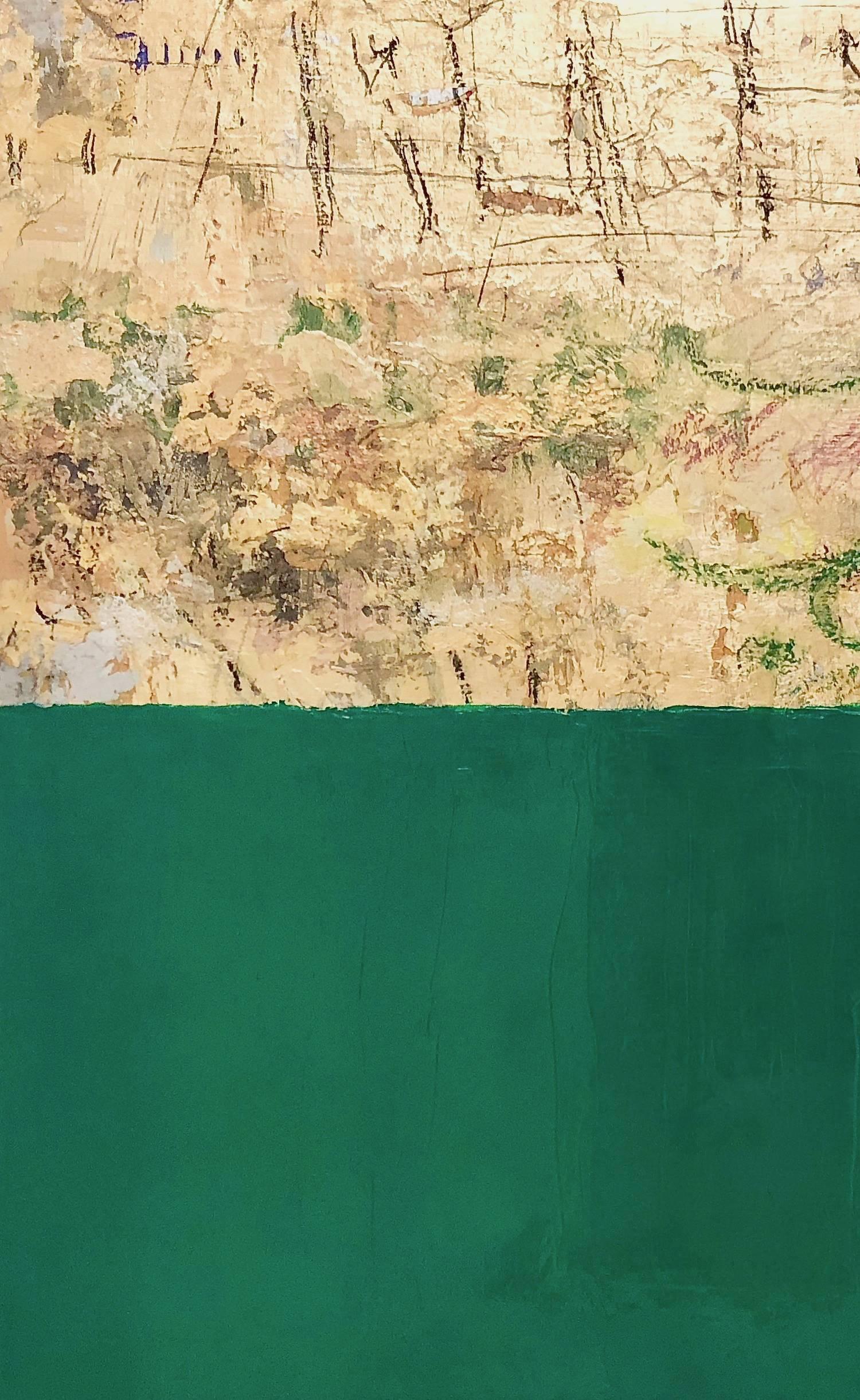 Gold and Color 56 green and gold leaf abstract - Painting by Takefumi Hori