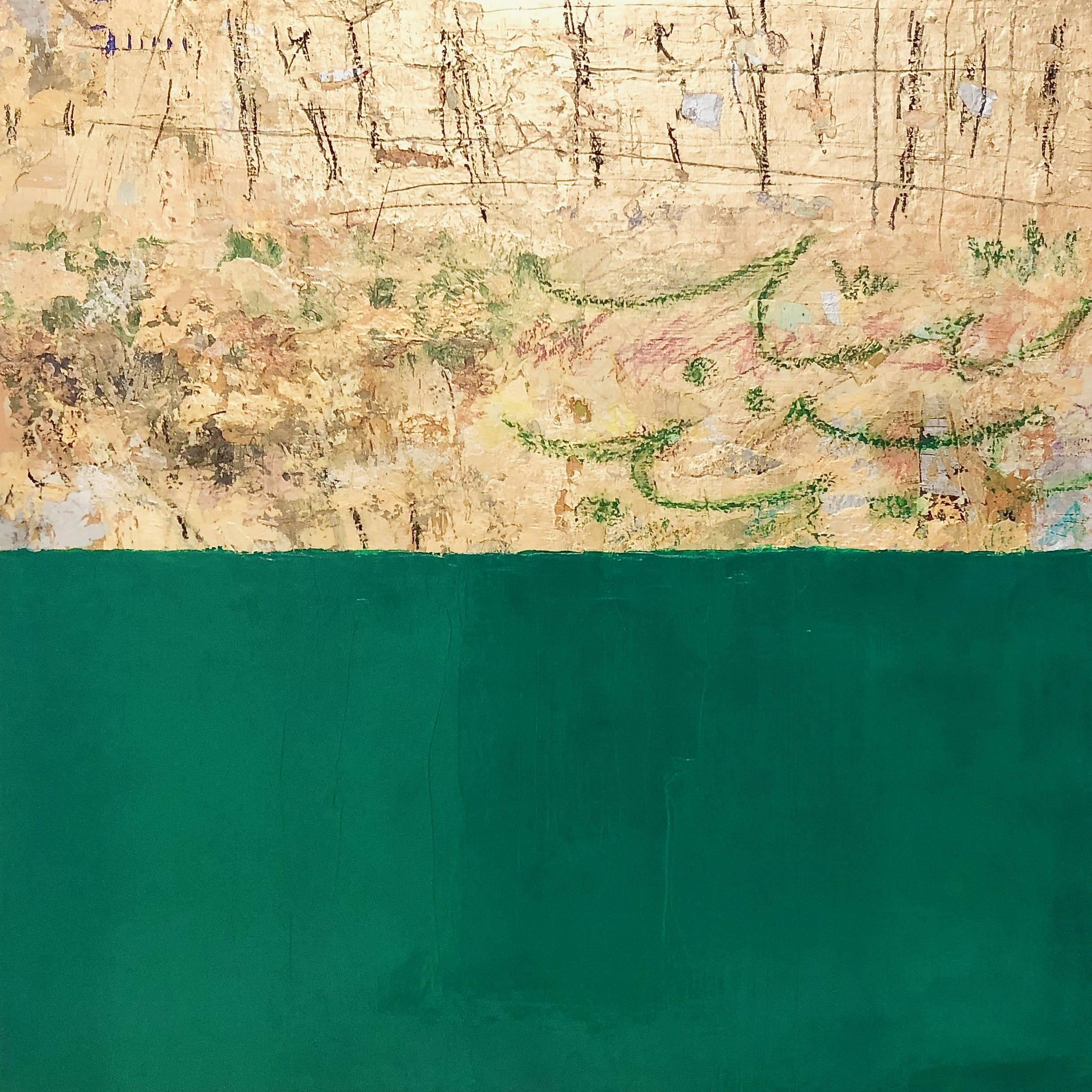 Takefumi Hori Abstract Painting - Gold and Color 56 green and gold leaf abstract
