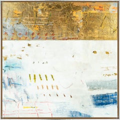 "Gold and Color No. 132" Technique mixte abstraite contemporaine sur toile avec cadre