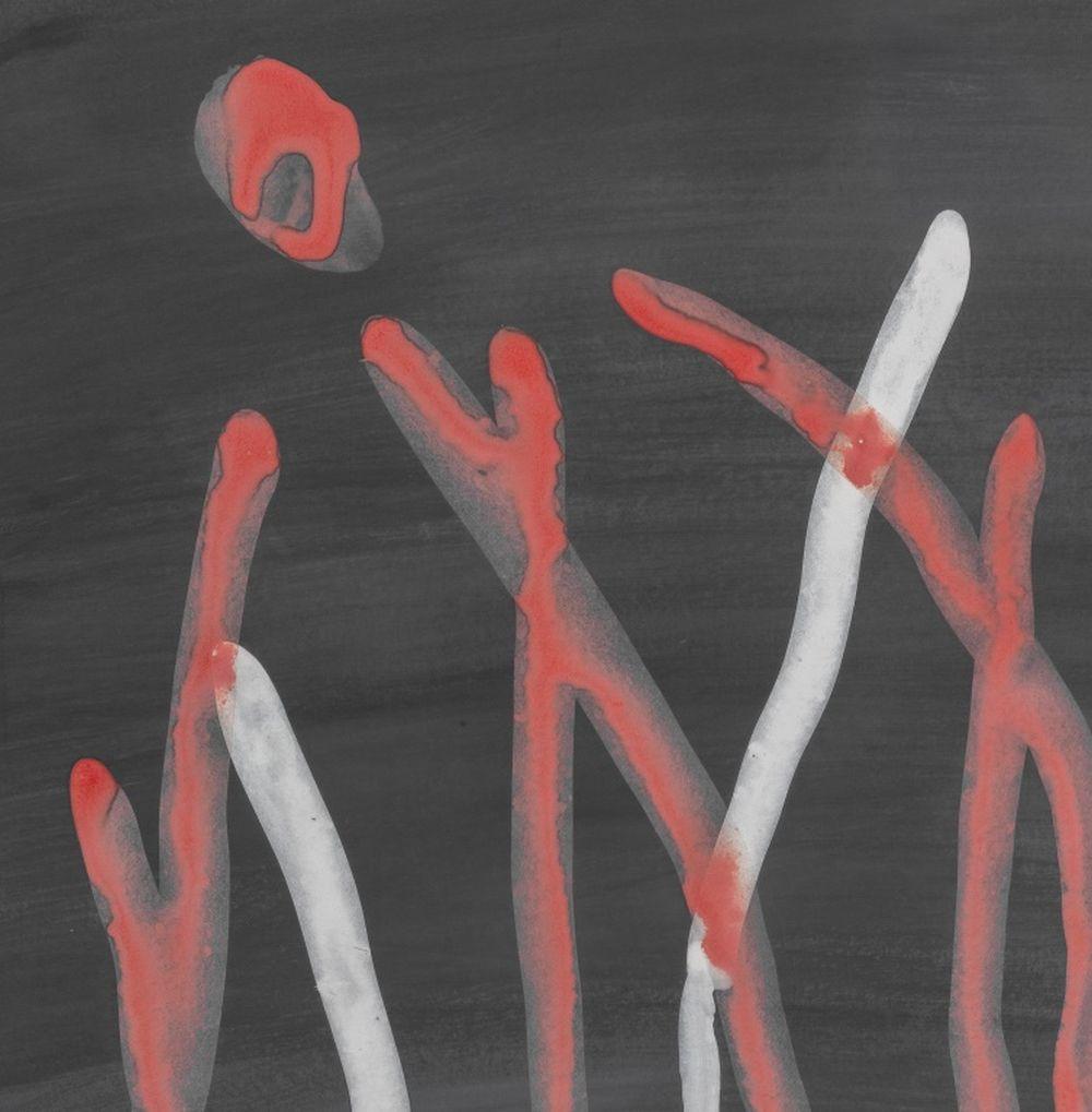 Takeo Yamaguchi (japonés, 1902-1983), Composición abstracta en rojo y negro, Técnica mixta sobre papel, aparentemente sin firmar, marco plateado. Imagen: 21,5