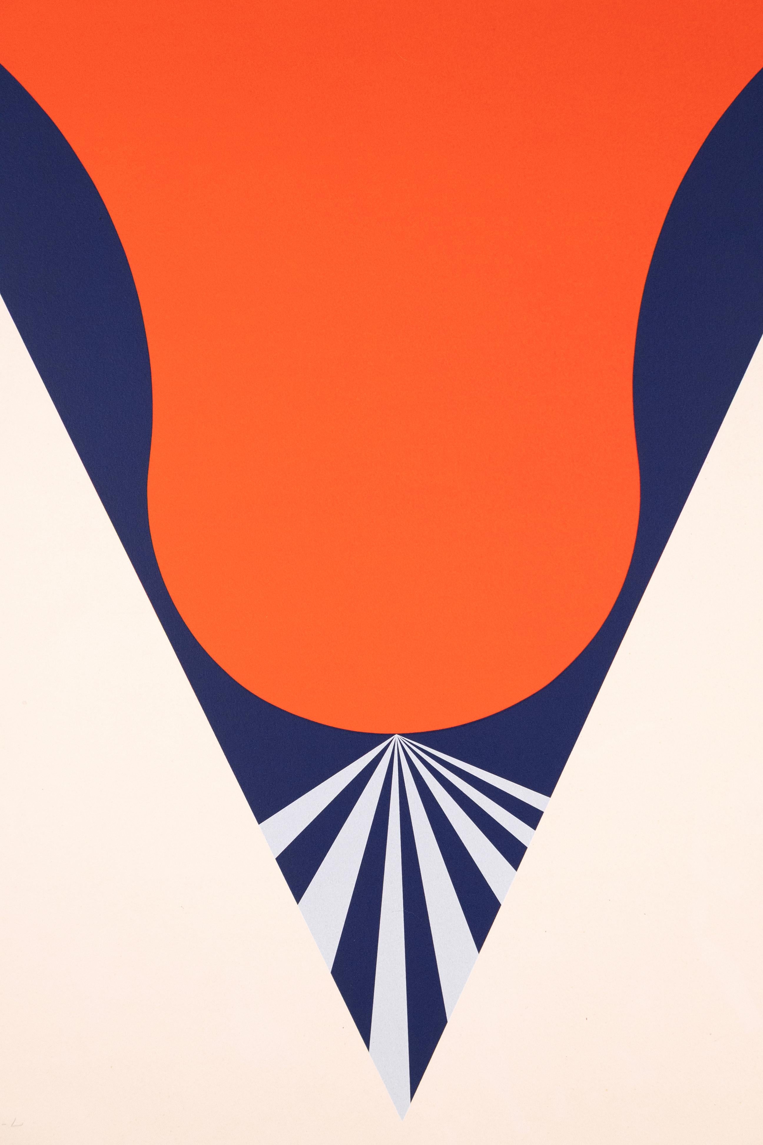 An abstract silkscreen in colors on paper titled “Curve” by Takesada Matsutani. Signed in pencil lower right. Titled and annotated 42/75 on the lower left. Published in 1971. The composition features a bold red-orange organic form encased within an