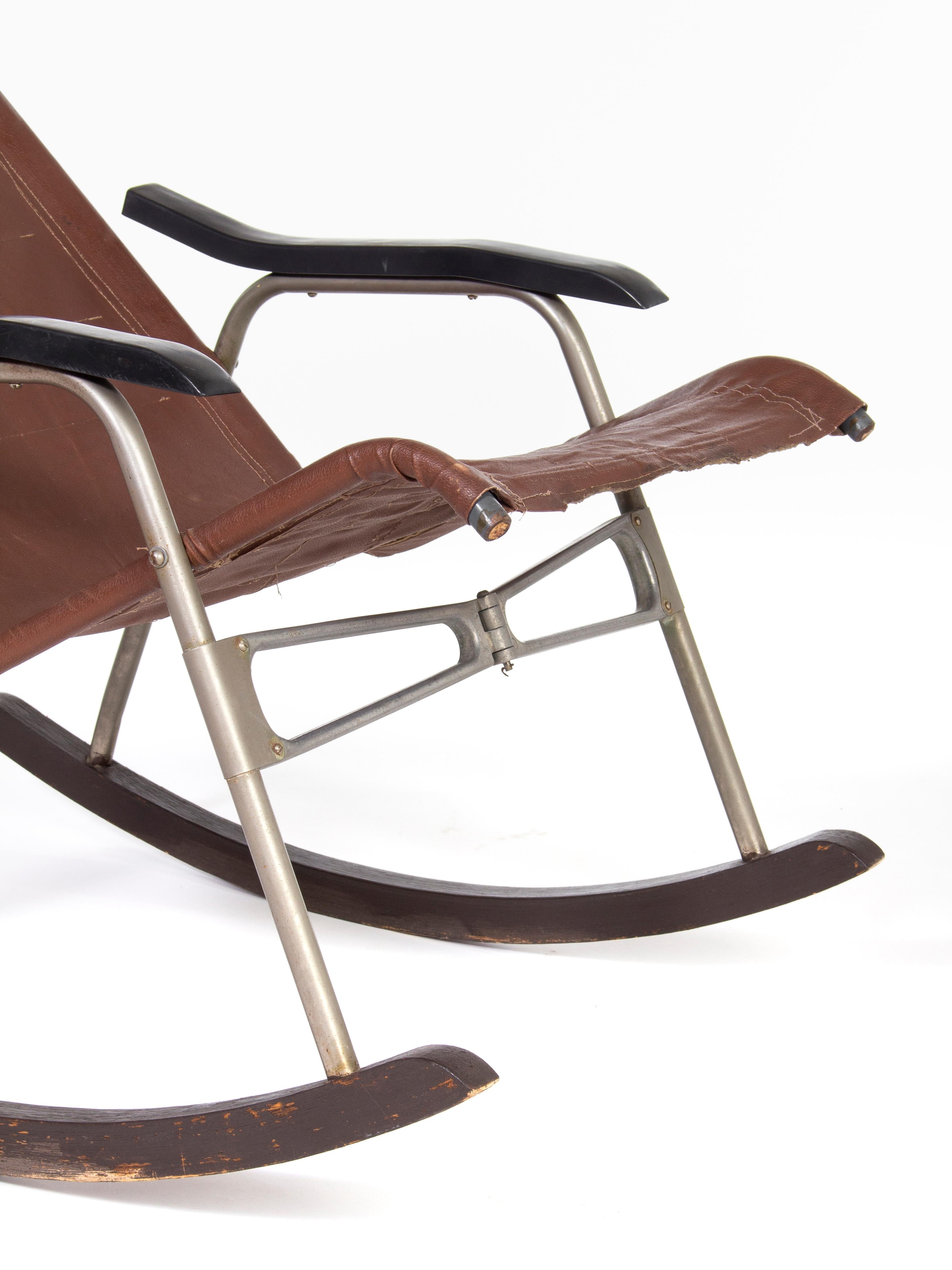 Mid-20th Century Takeshi Nii Design Leather Rocking Folding Chair, 1950s
