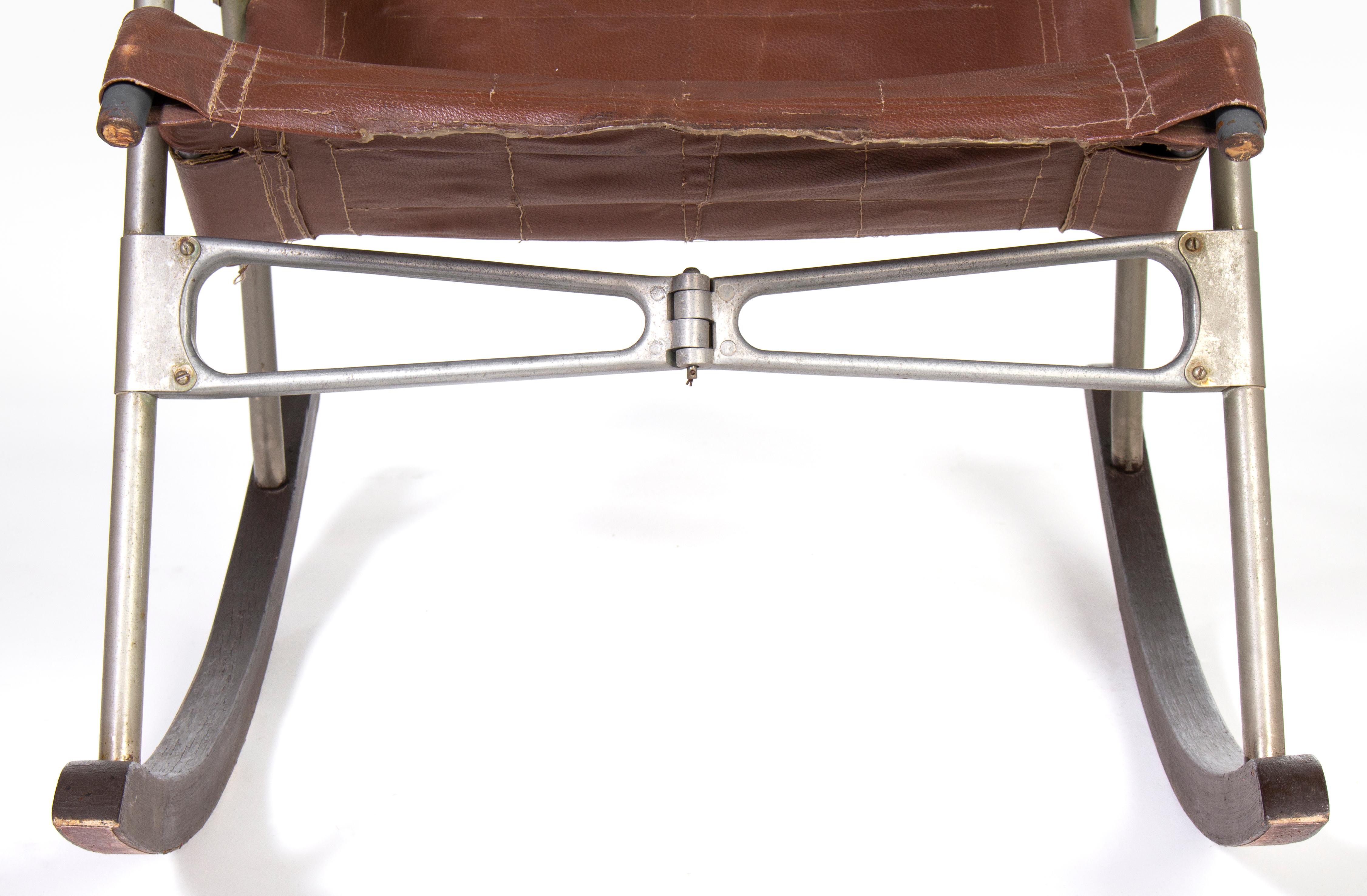 Aluminum Takeshi Nii Design Leather Rocking Folding Chair, 1950s