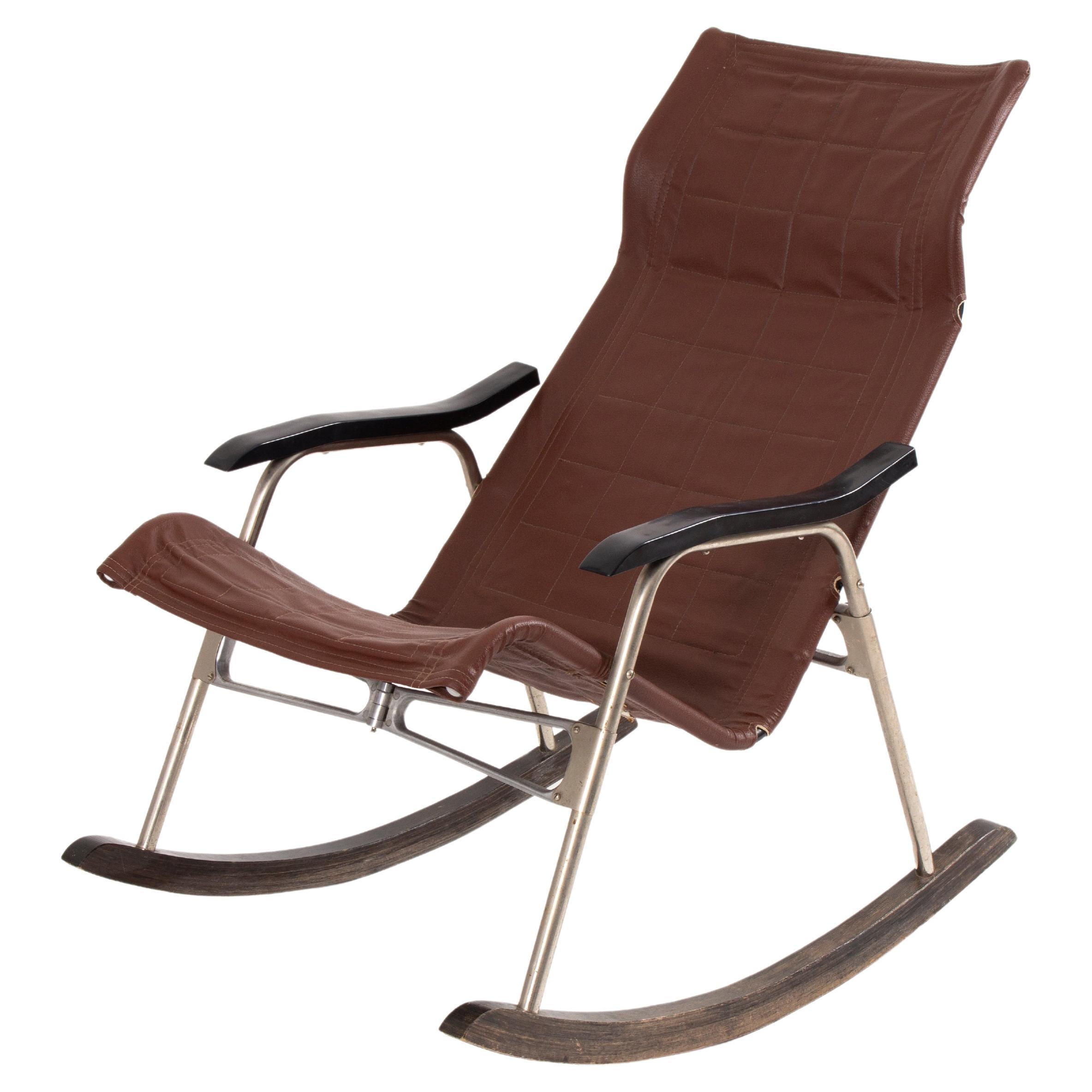 Takeshi Nii Design Leather Rocking Folding Chair, 1950s