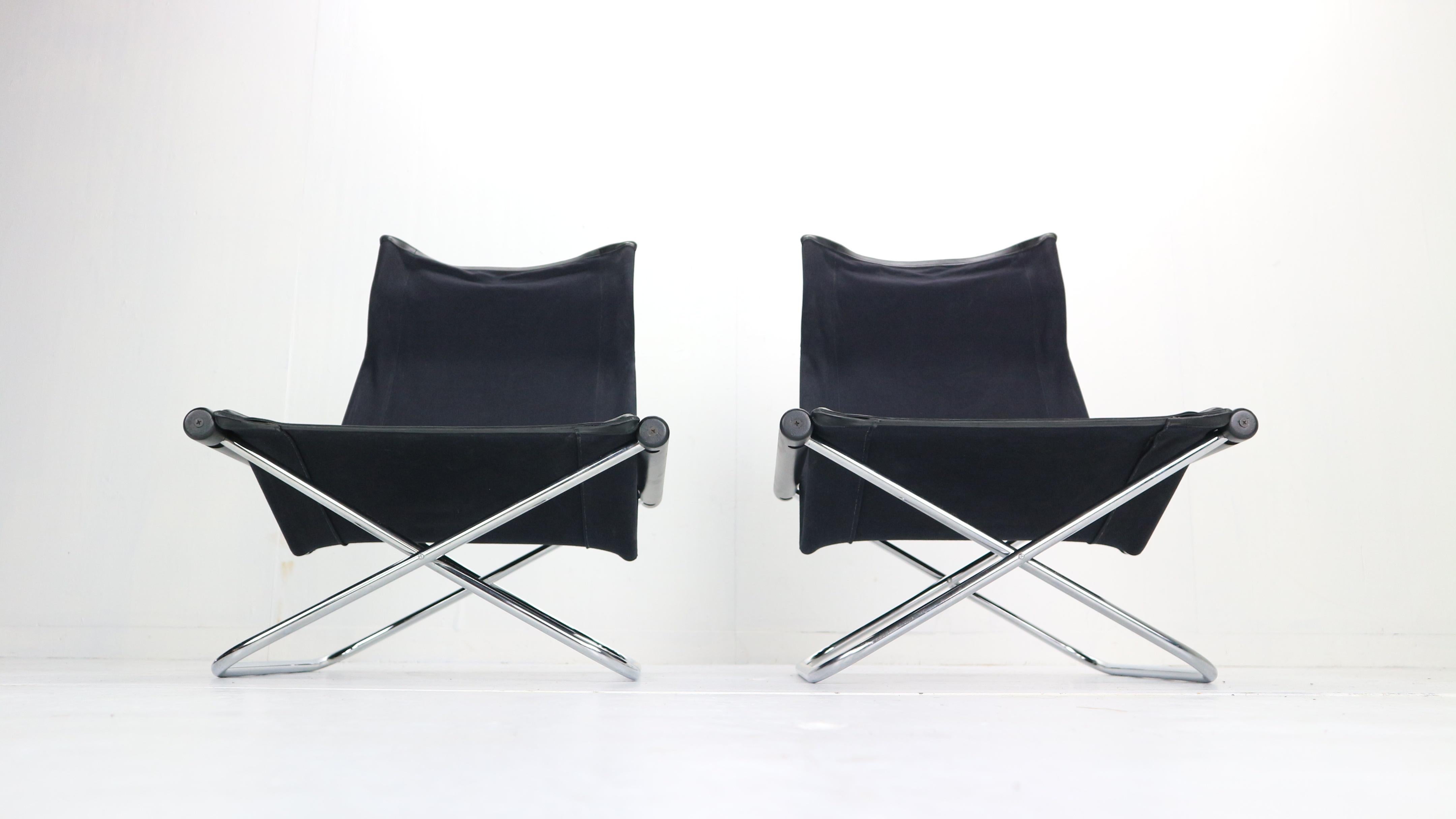 Set of 2 foldable lounge chairs were designed by Japanese designer Takeshi Nii and manufactured for Suekichi Uchida in 1958s, Japan. The chairs were named 'NY' after the designer's family name, meaning 'new' in Danish.
    
This wonderful chairs