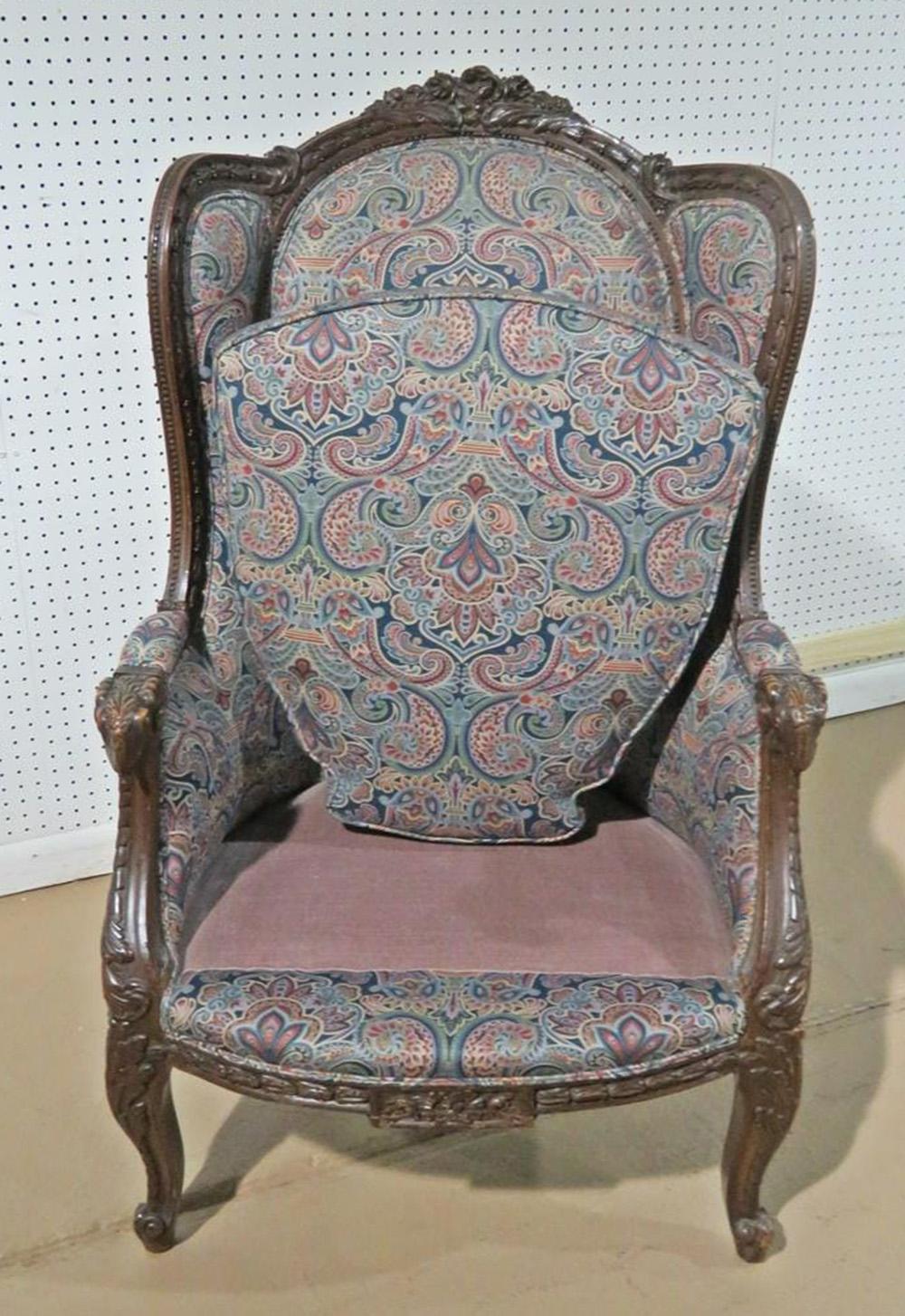 Tall Back Carved Walnut French Louis XVI Bergère Wing Chair, Circa 1920 For Sale 1