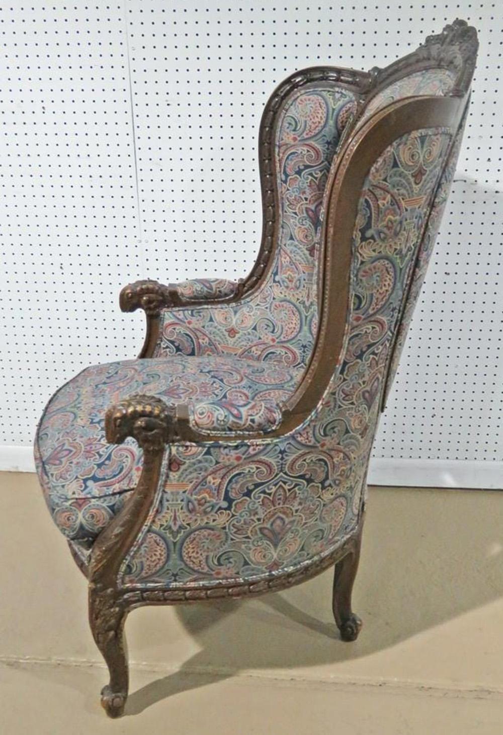 Tall Back Carved Walnut French Louis XVI Bergère Wing Chair, Circa 1920 For Sale 2