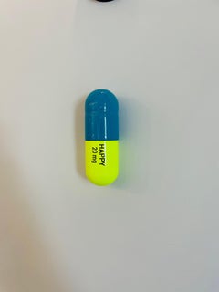 20 mg Happy pill (turqiouse and fluorescent yellow) - figurative sculpture