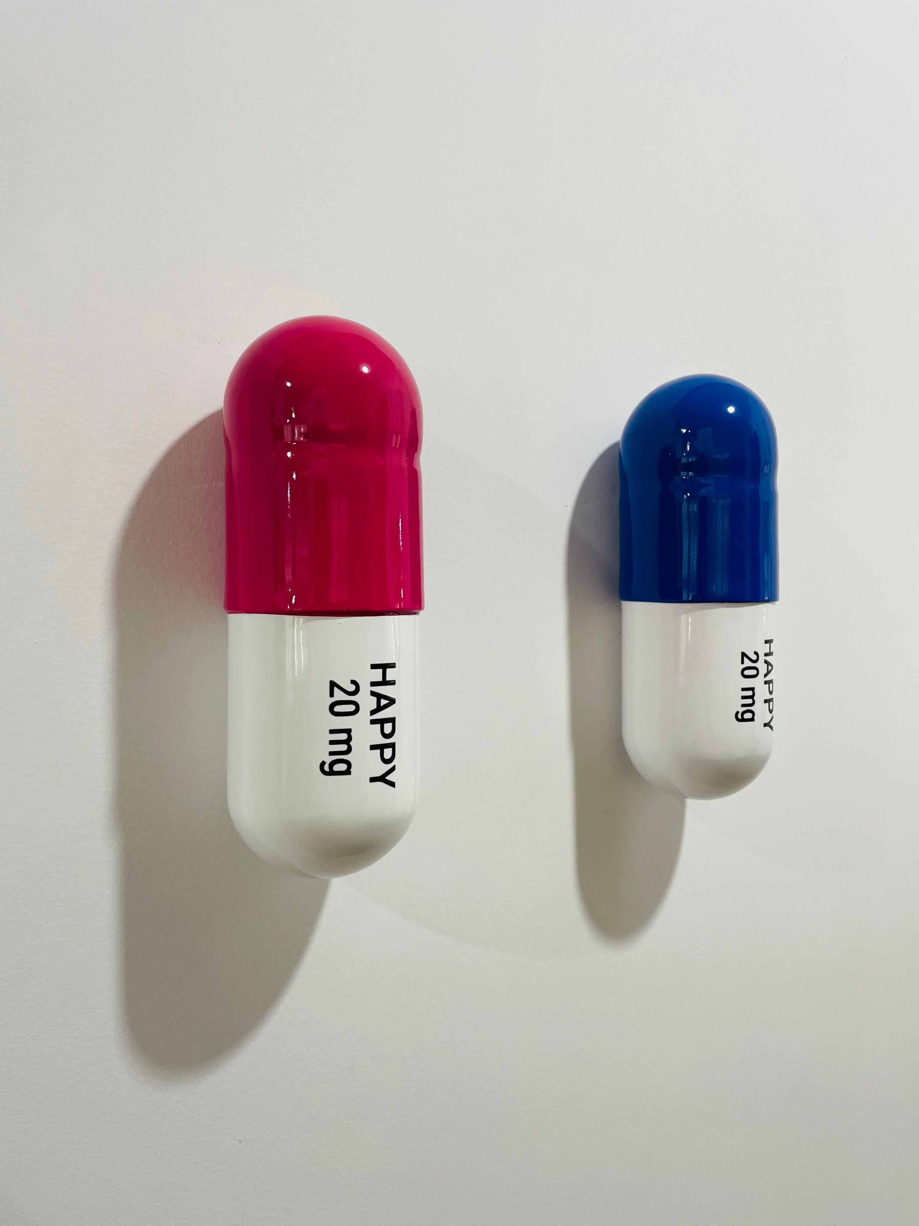 20 MG Píldoras Happy (rosa magenta, azul y blanco) -  escultura pop - Sculpture Arte pop de Tal Nehoray