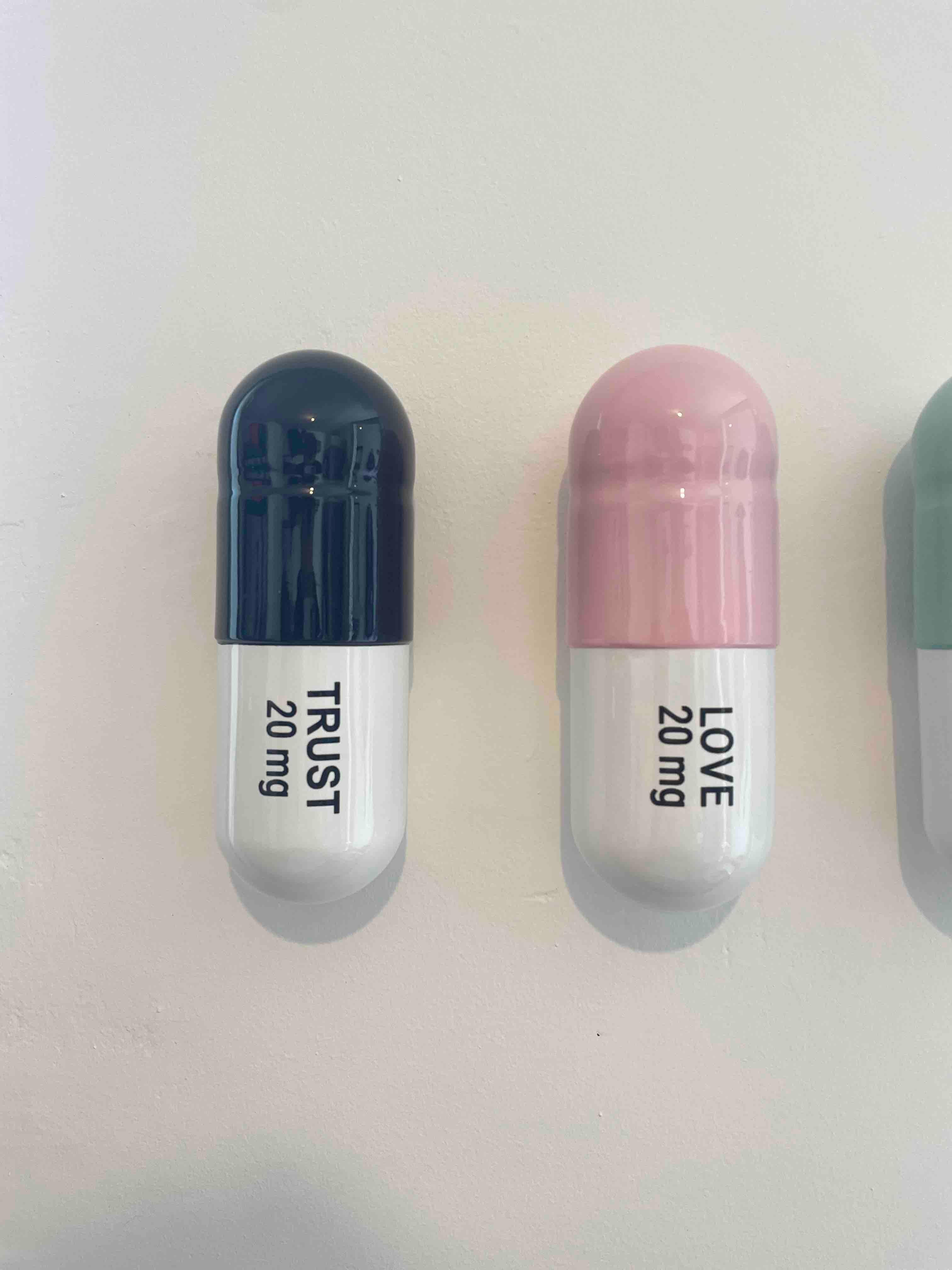 20 MG Trust, Love, Freedom pill Combo (black, pink, mint green) - Sculpture by Tal Nehoray