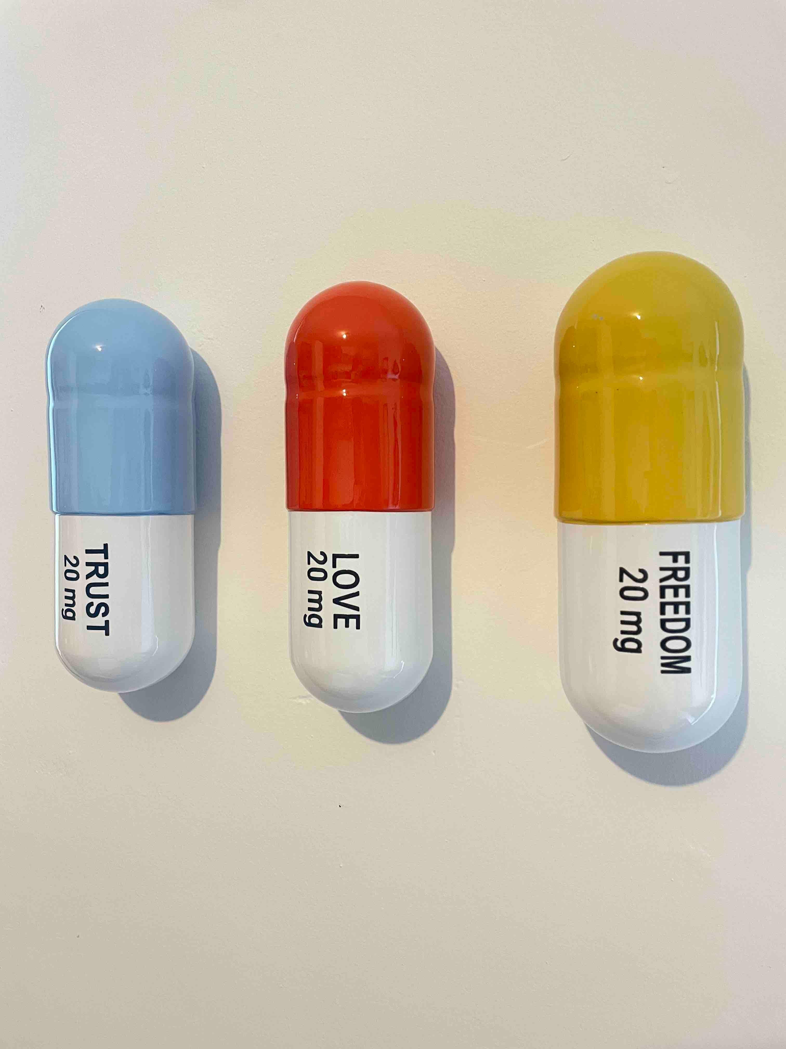20 MG Trust, Love, Freedom pill Combo (turquoise, orange, yellow) - Pop Art Sculpture by Tal Nehoray