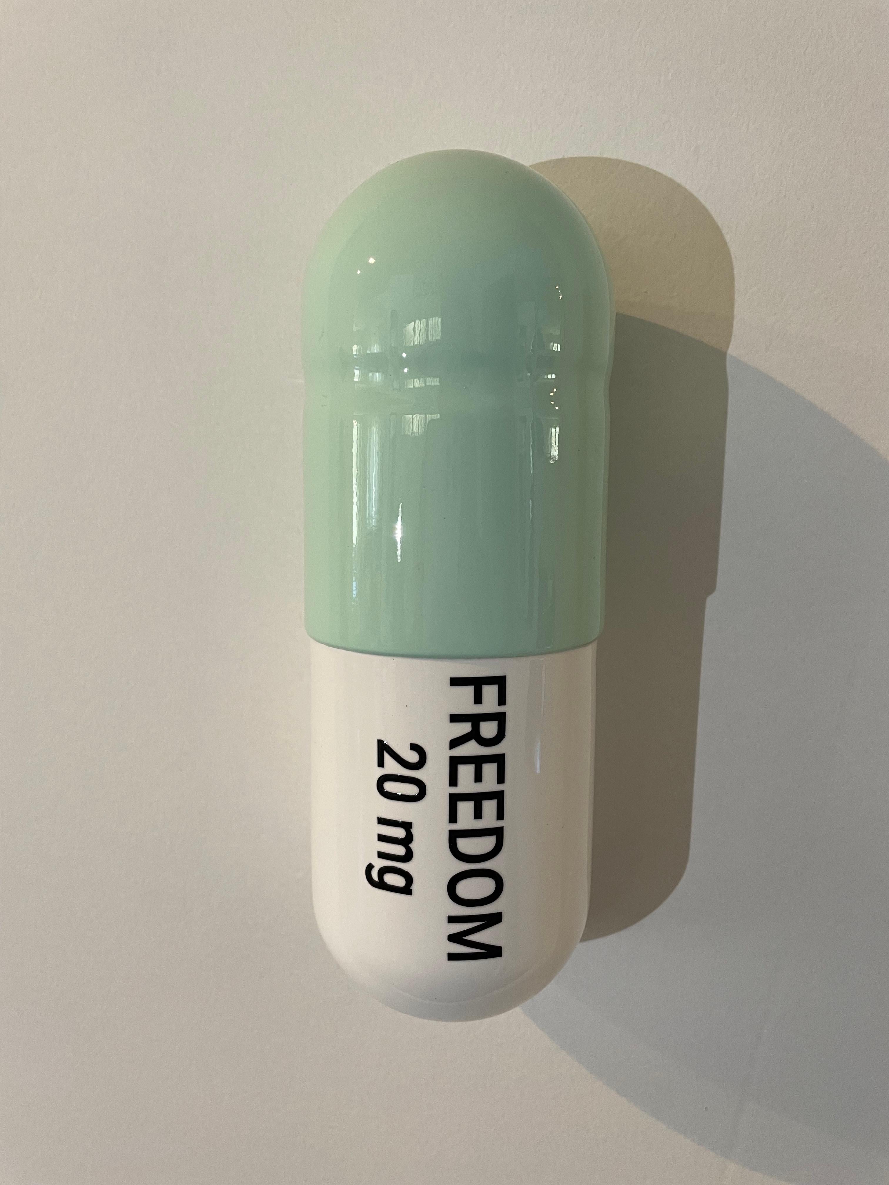 20 ML Freedom pill (white and mint green) - figurative sculpture - Sculpture by Tal Nehoray