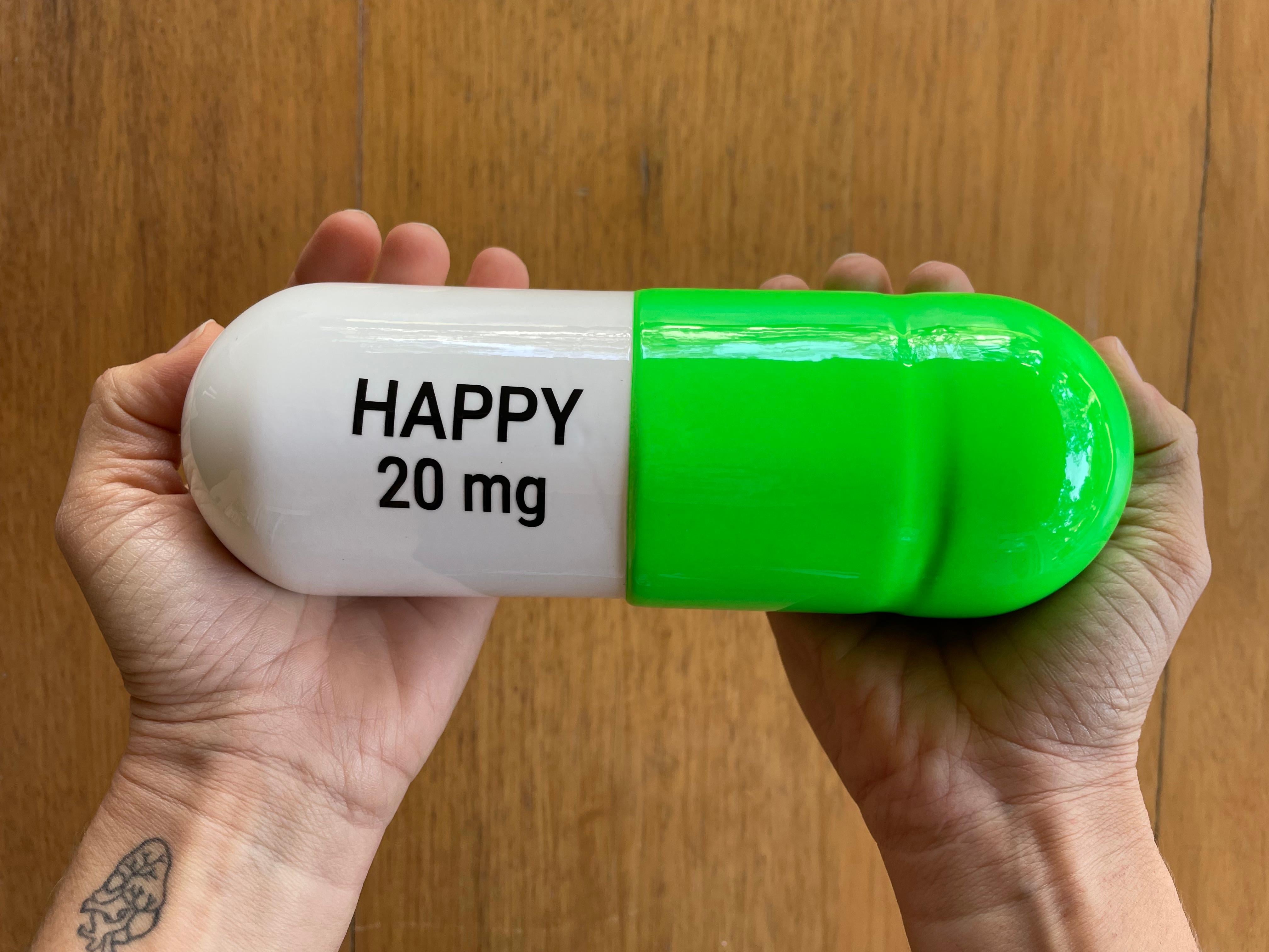 20 ML Happy pill (white and green) - figurative sculpture - Sculpture by Tal Nehoray